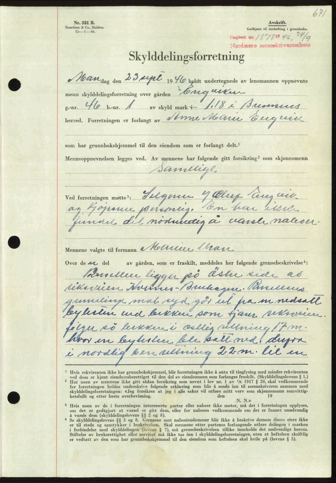 Nordmøre sorenskriveri, AV/SAT-A-4132/1/2/2Ca: Mortgage book no. A102, 1946-1946, Diary no: : 1878/1946