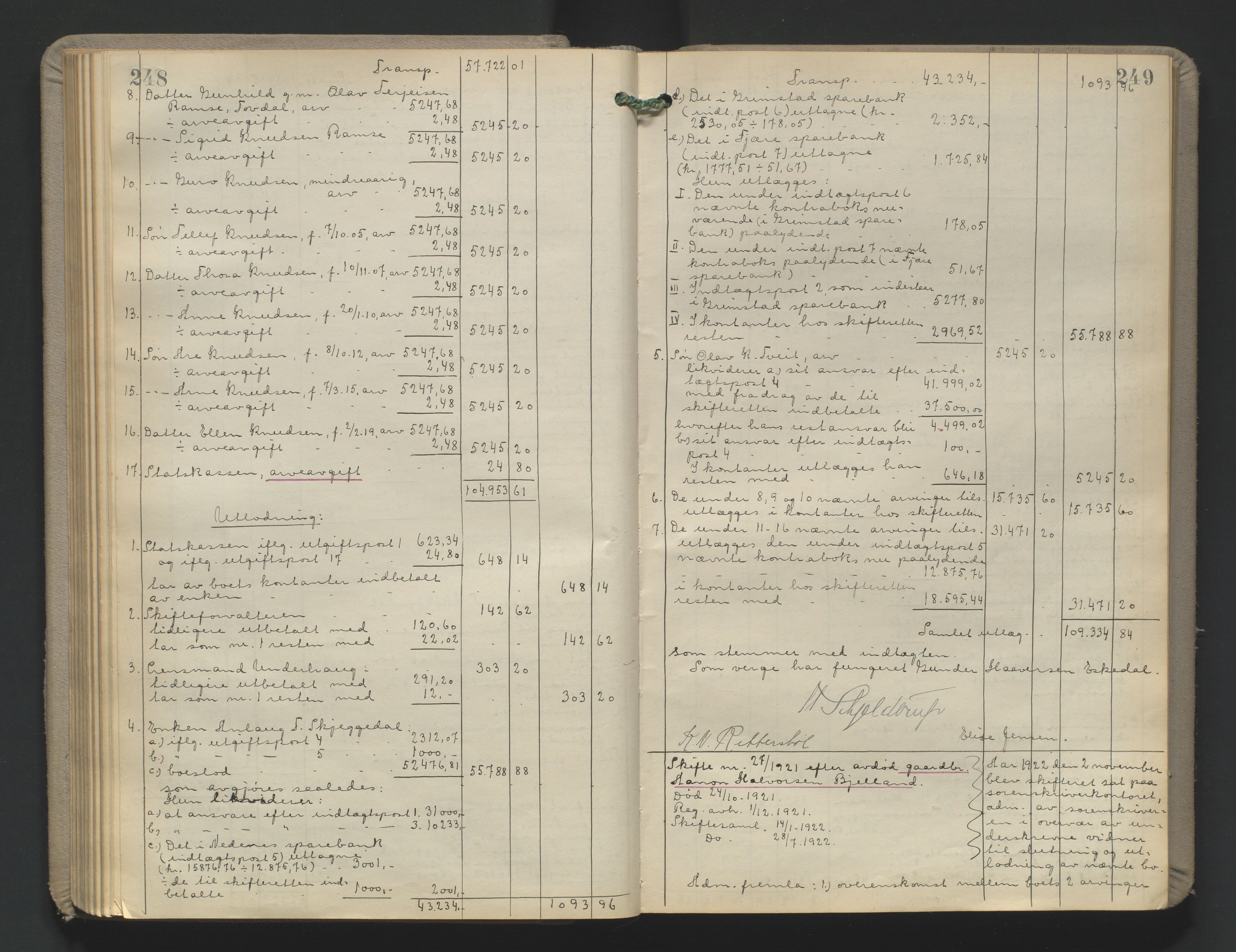 Vestre Nedenes/Sand sorenskriveri, AV/SAK-1221-0010/H/Hc/L0022: Skifteutlodningsprotokoll nr. 9, 1919-1932, p. 248-249