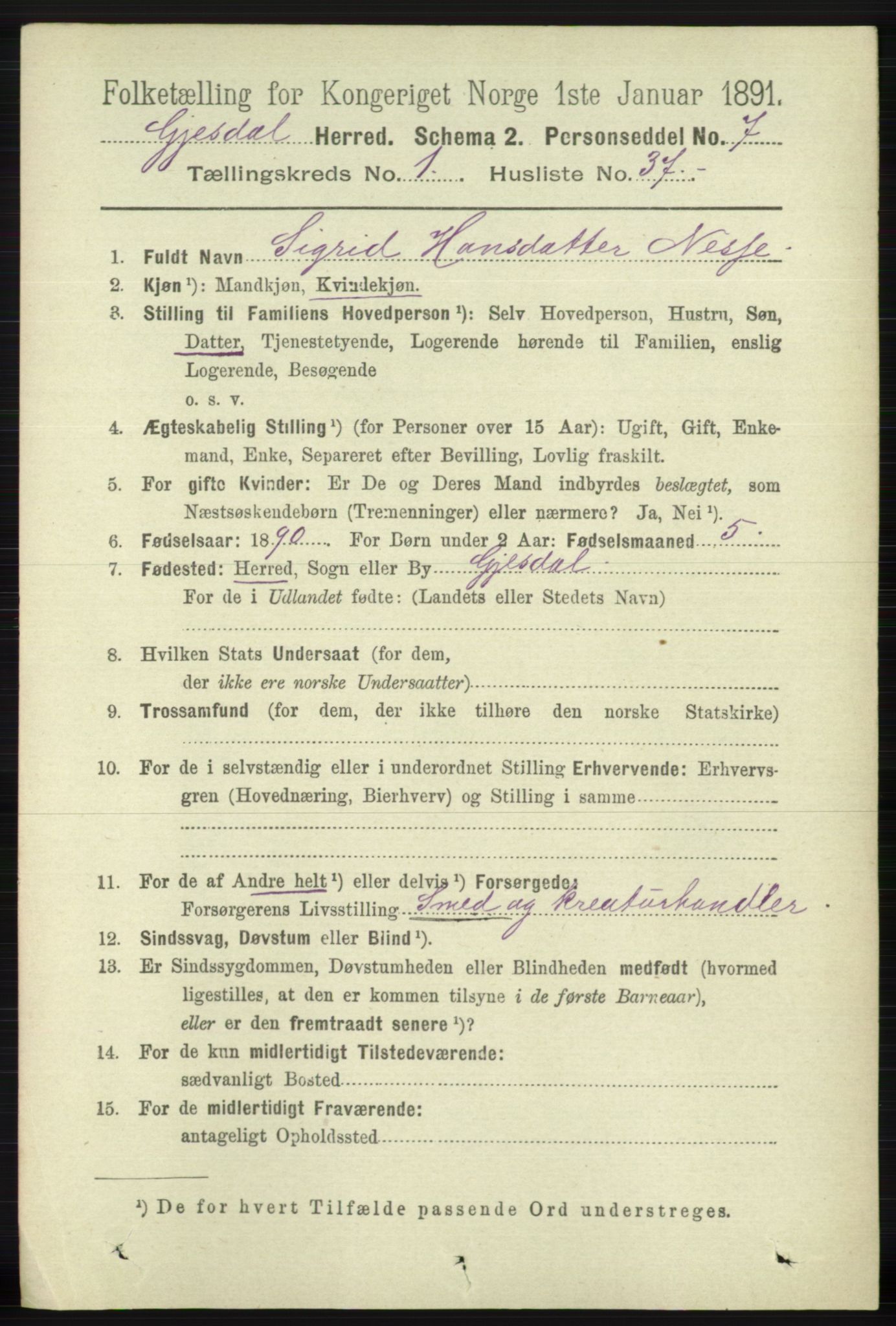 RA, 1891 census for 1122 Gjesdal, 1891, p. 337