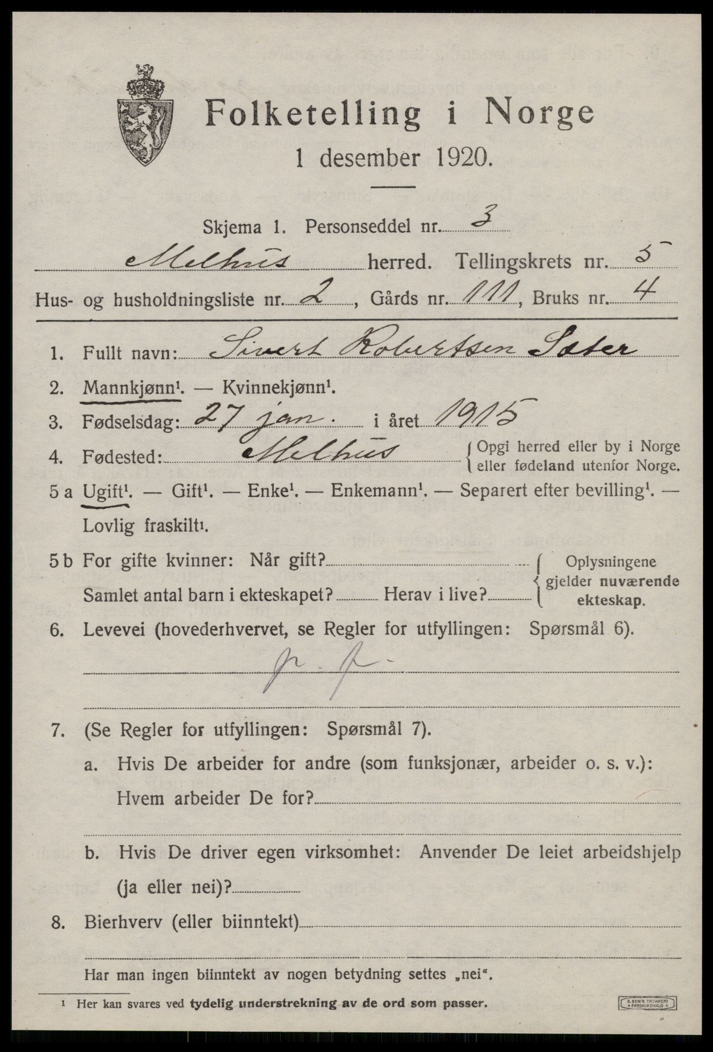 SAT, 1920 census for Melhus, 1920, p. 4957