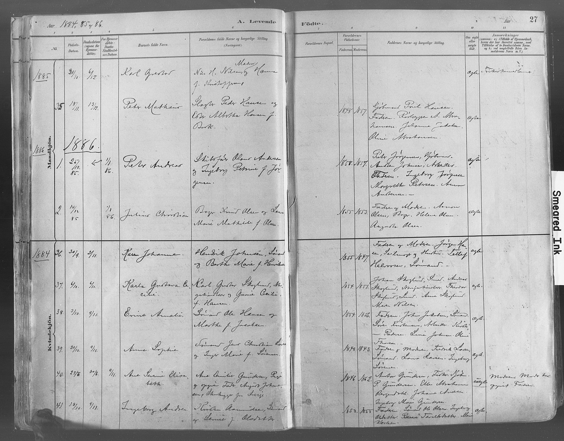 Risør sokneprestkontor, SAK/1111-0035/F/Fa/L0005: Parish register (official) no. A 5, 1883-1895, p. 27