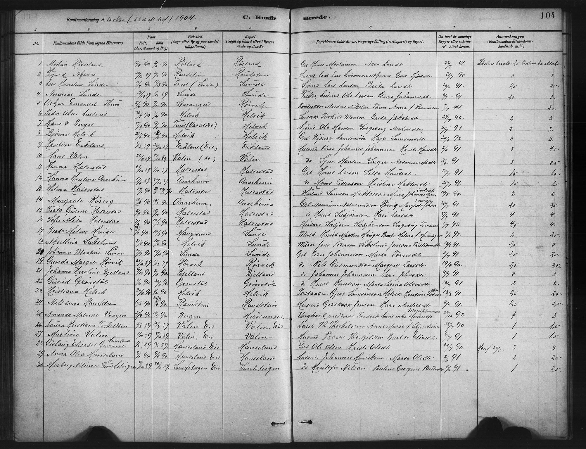 Husnes Sokneprestembete, SAB/A-75901/H/Hab: Parish register (copy) no. A 2, 1881-1917, p. 104