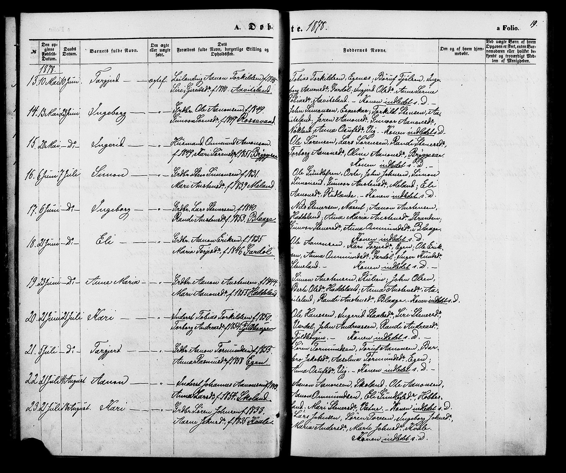Hægebostad sokneprestkontor, SAK/1111-0024/F/Fa/Fab/L0003: Parish register (official) no. A 3, 1872-1886, p. 19