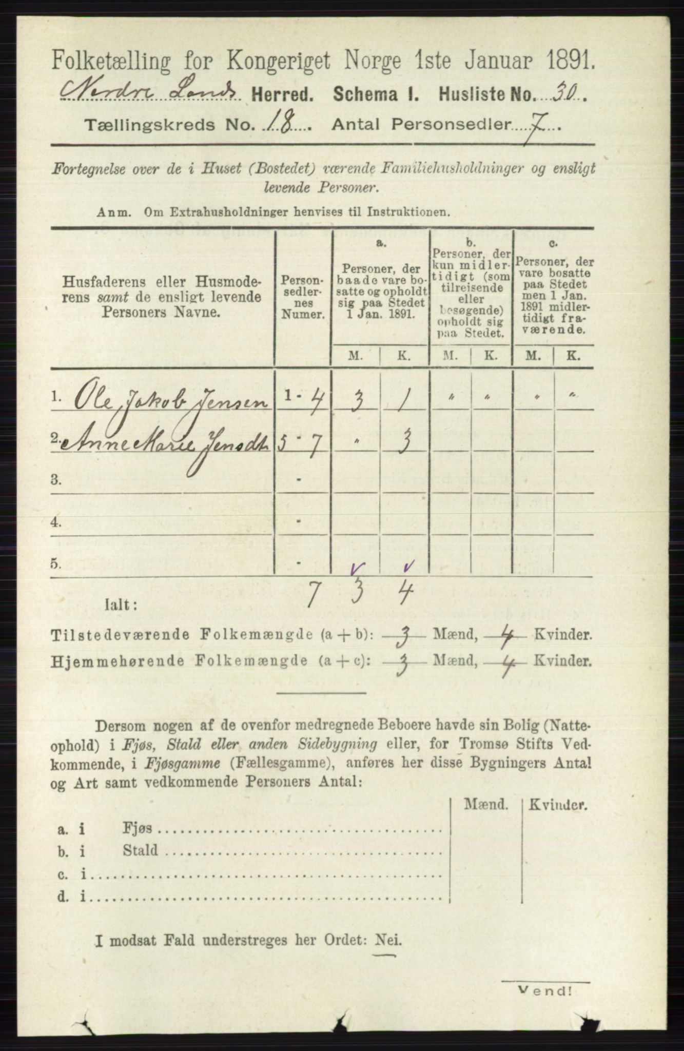 RA, 1891 census for 0538 Nordre Land, 1891, p. 4383