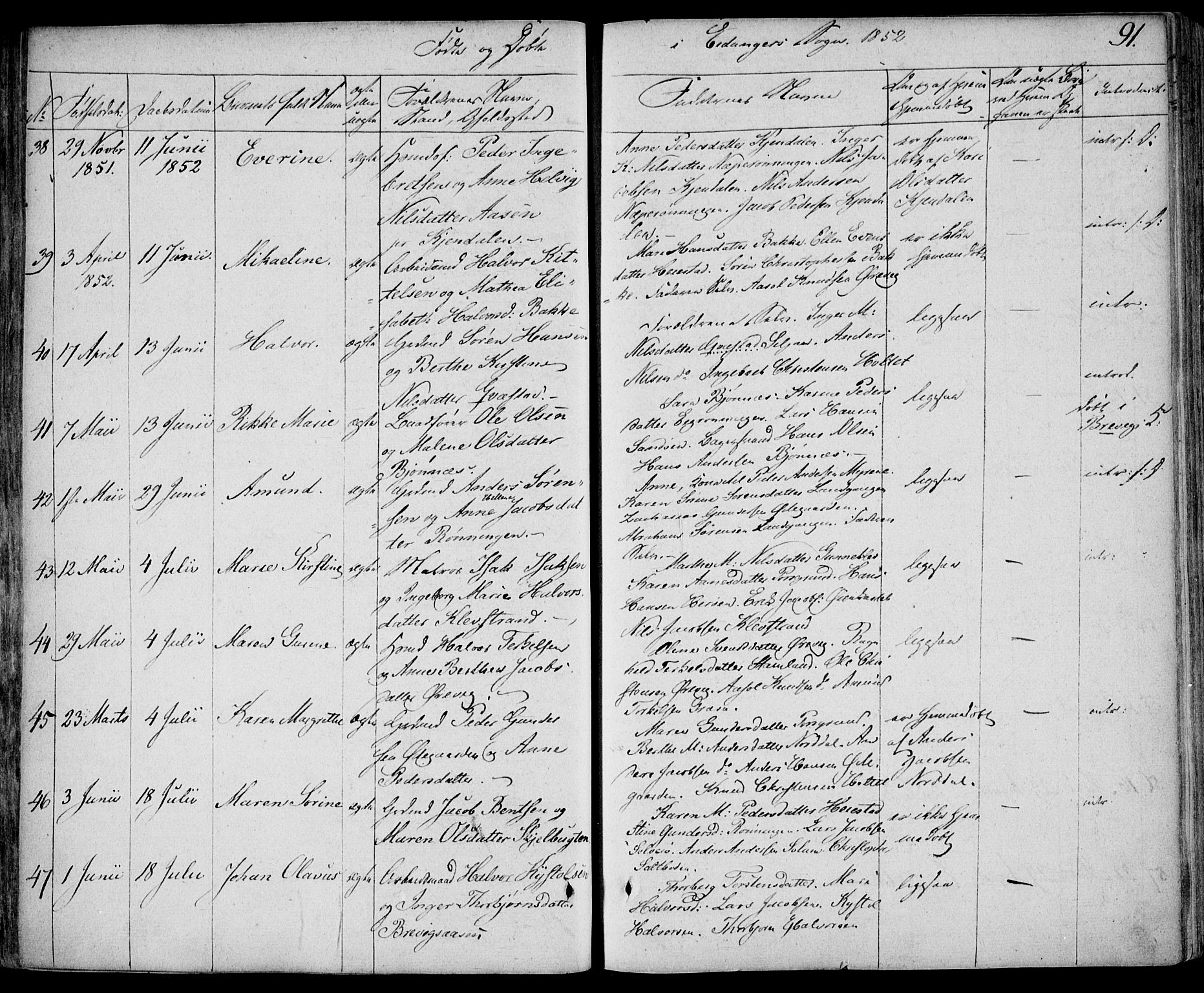 Eidanger kirkebøker, AV/SAKO-A-261/F/Fa/L0008: Parish register (official) no. 8, 1831-1858, p. 91