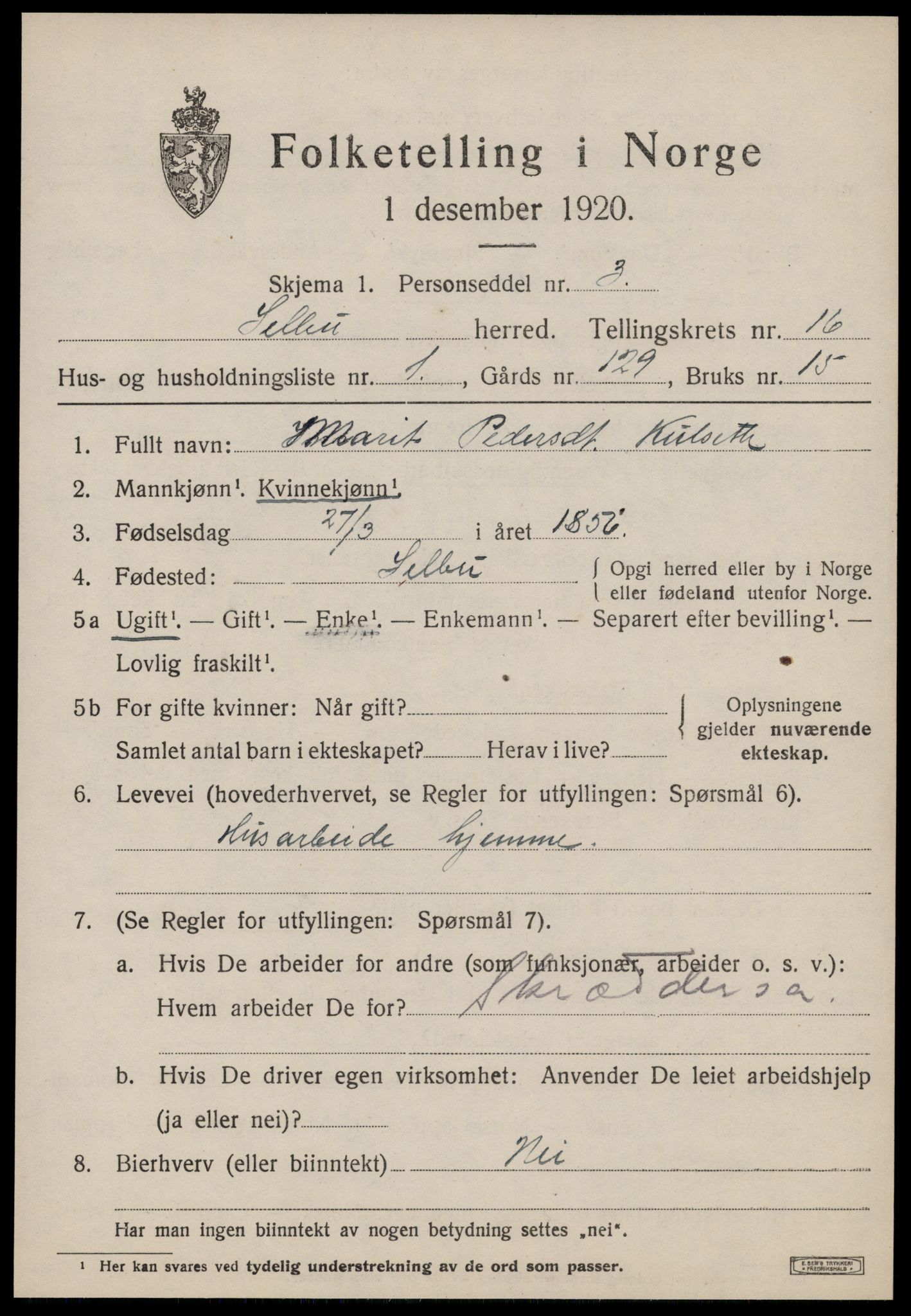 SAT, 1920 census for Selbu, 1920, p. 8498