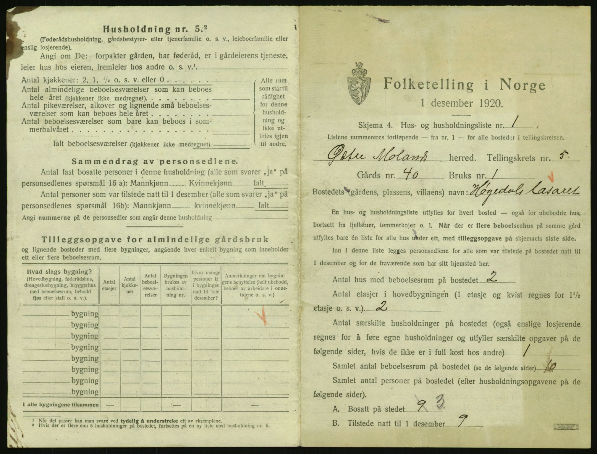 SAK, 1920 census for Austre Moland, 1920, p. 443