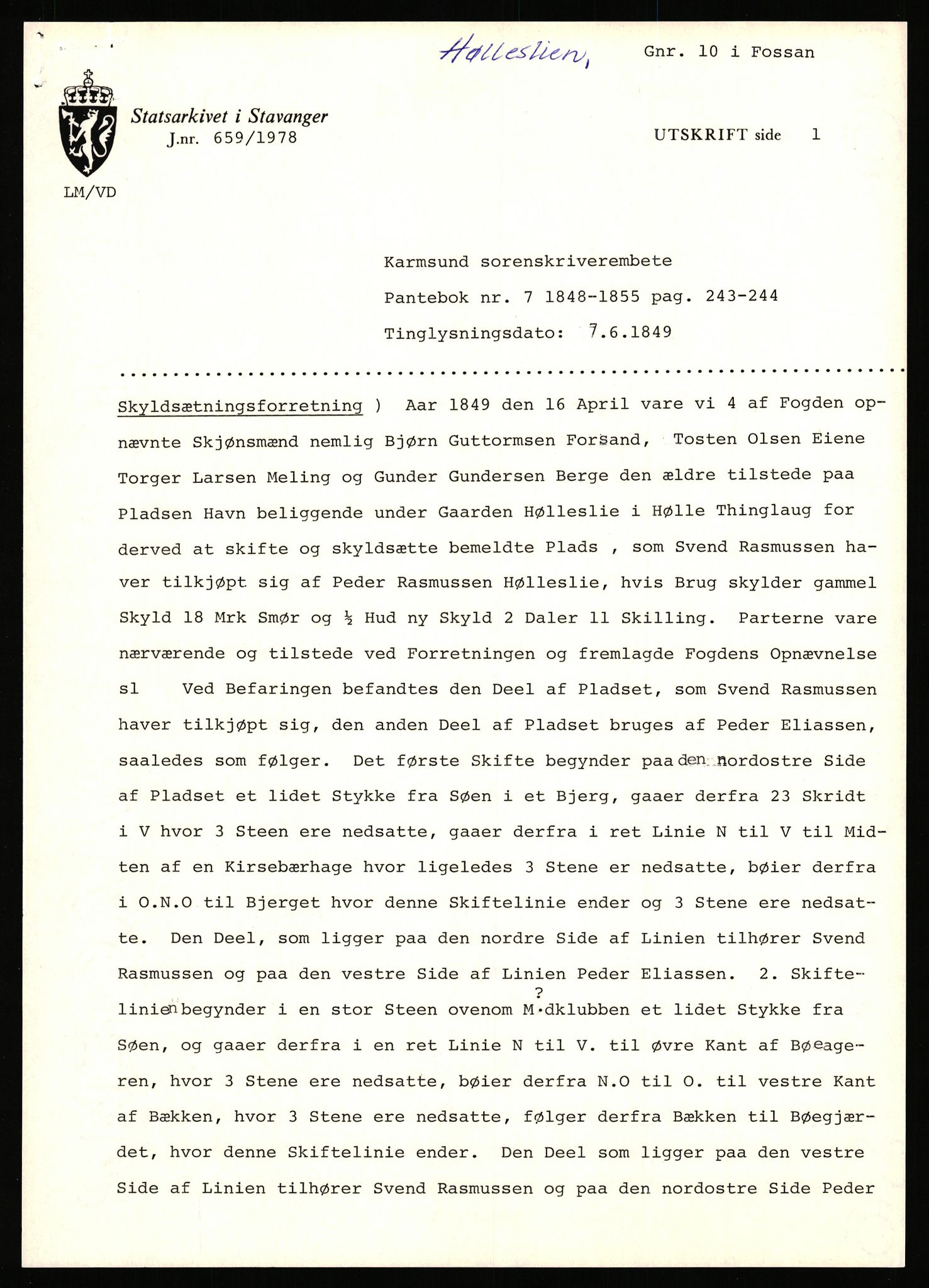 Statsarkivet i Stavanger, AV/SAST-A-101971/03/Y/Yj/L0042: Avskrifter sortert etter gårdsnavn: Høle - Håland vestre, 1750-1930, p. 265