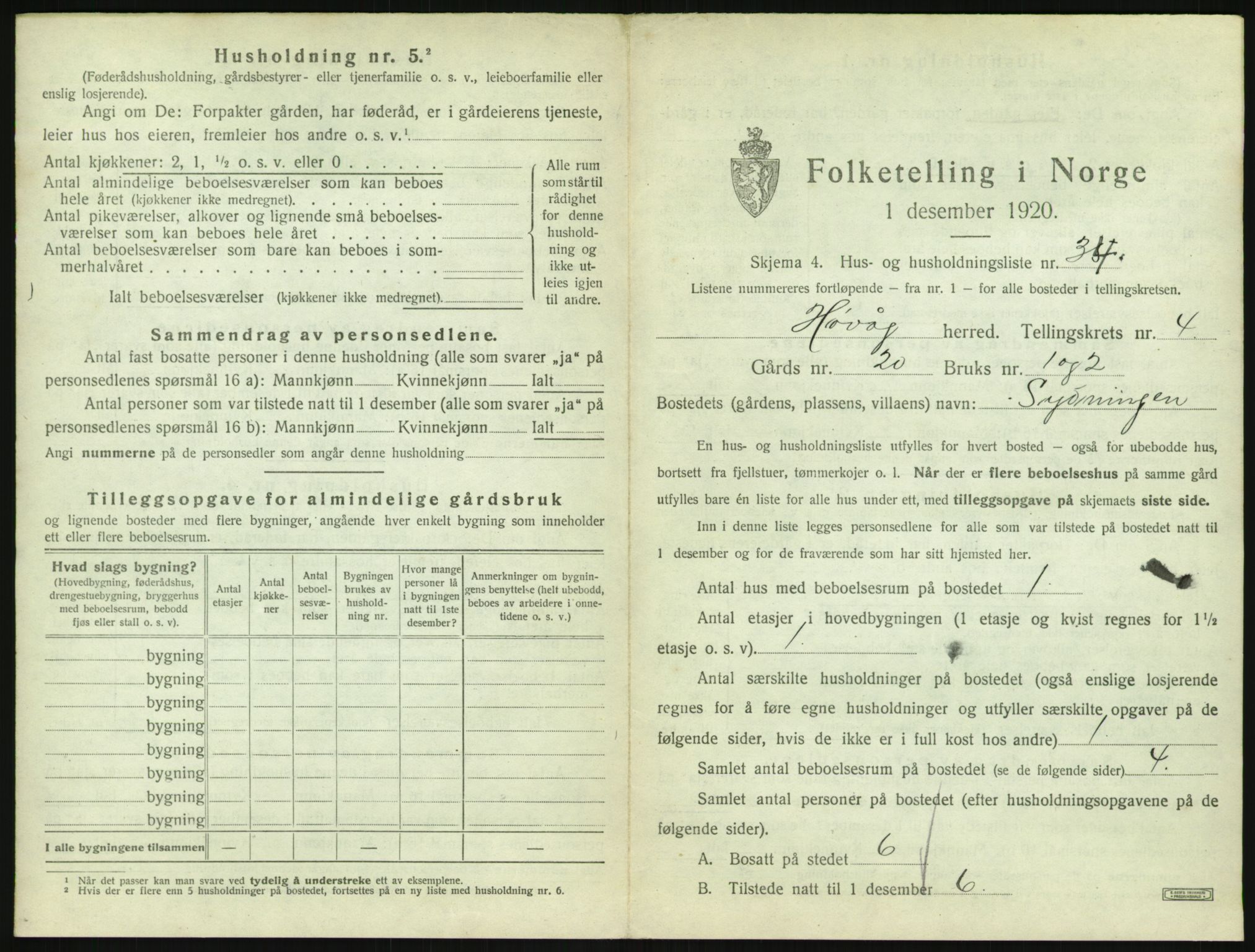 SAK, 1920 census for Høvåg, 1920, p. 384