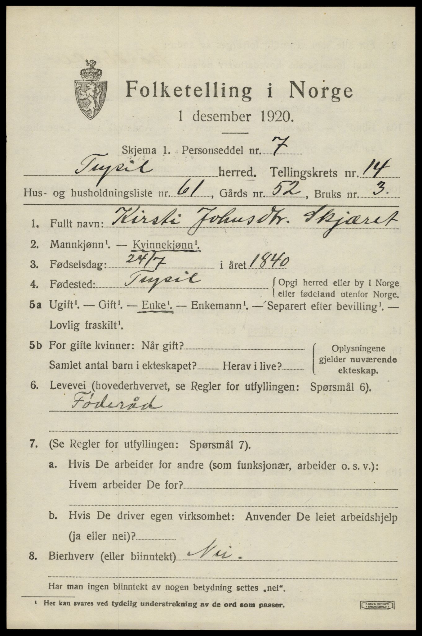 SAH, 1920 census for Trysil, 1920, p. 8671