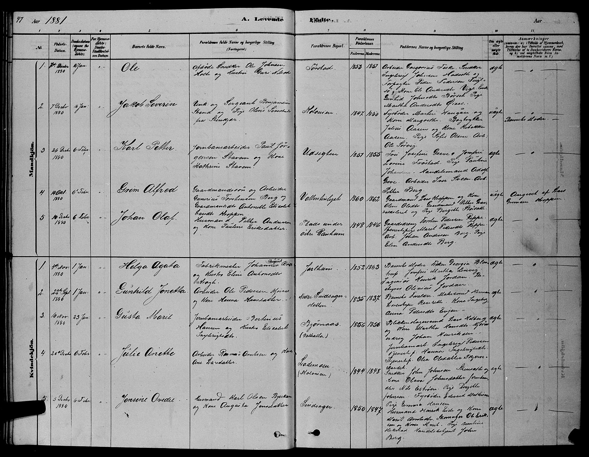 Ministerialprotokoller, klokkerbøker og fødselsregistre - Sør-Trøndelag, SAT/A-1456/606/L0312: Parish register (copy) no. 606C08, 1878-1894, p. 47
