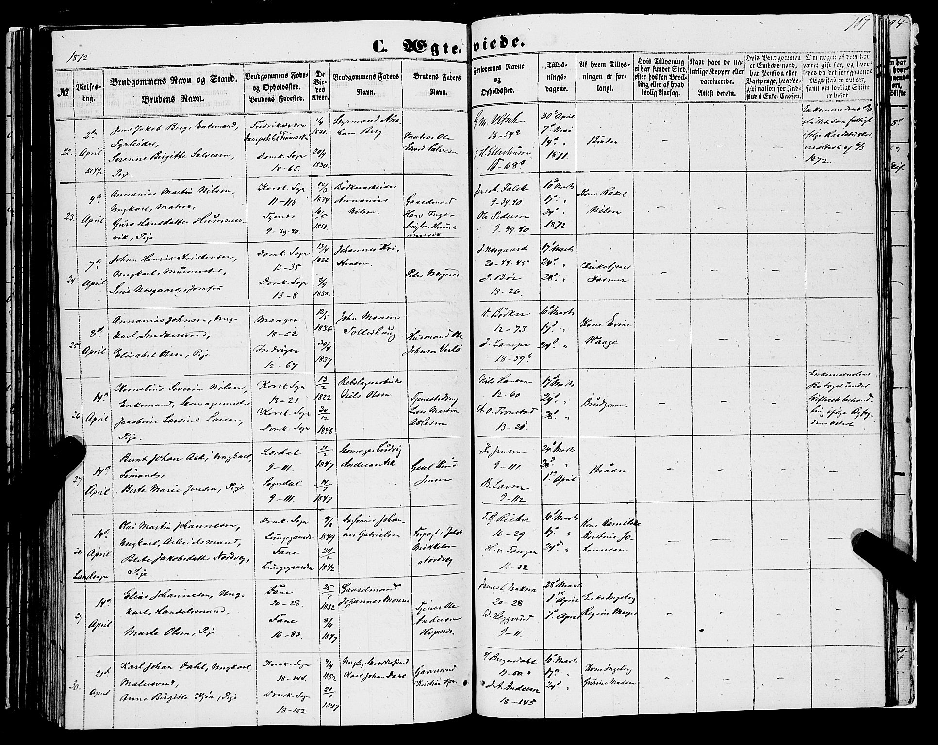 Domkirken sokneprestembete, AV/SAB-A-74801/H/Haa/L0034: Parish register (official) no. D 2, 1853-1874, p. 167