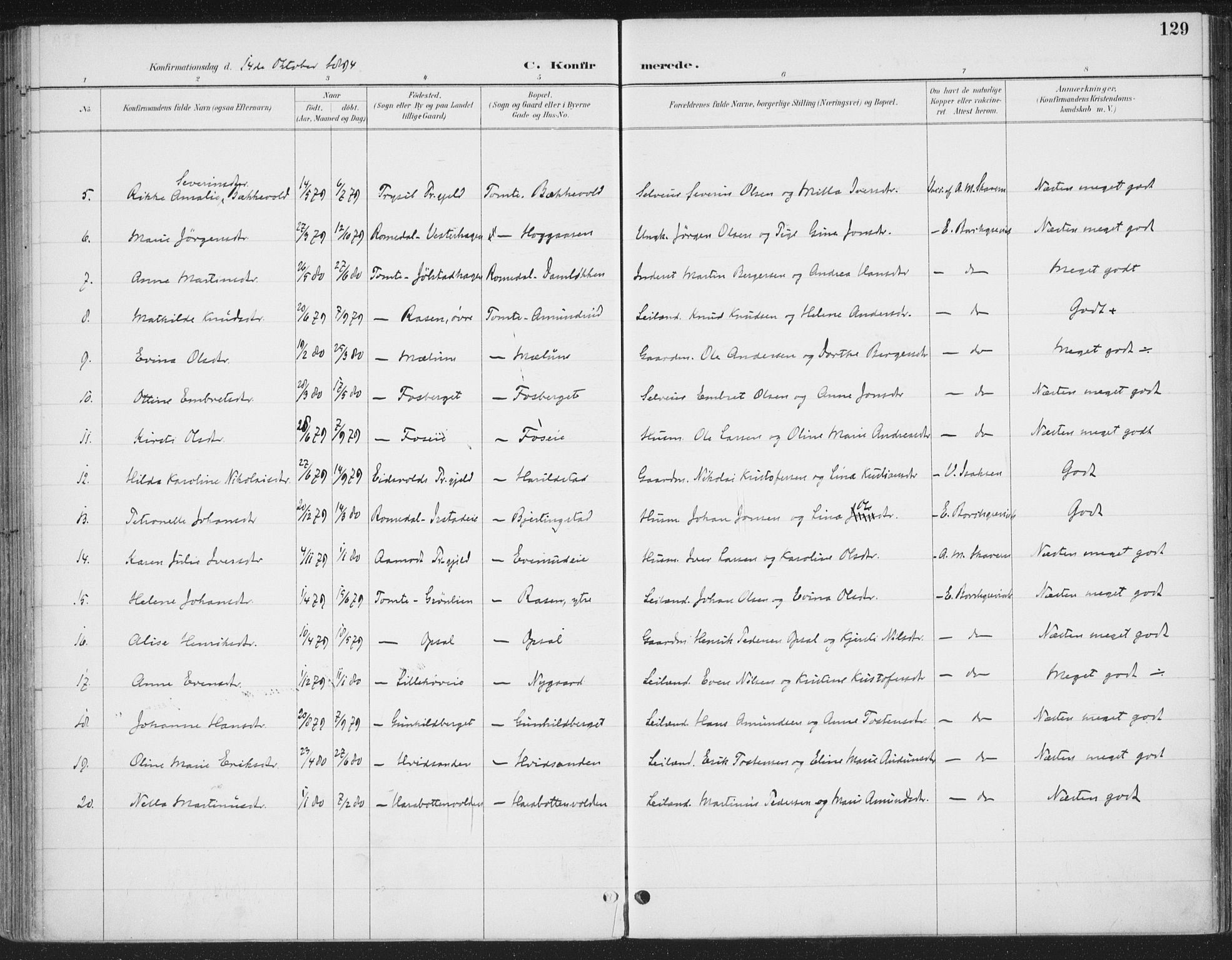 Romedal prestekontor, SAH/PREST-004/K/L0008: Parish register (official) no. 8, 1887-1905, p. 129