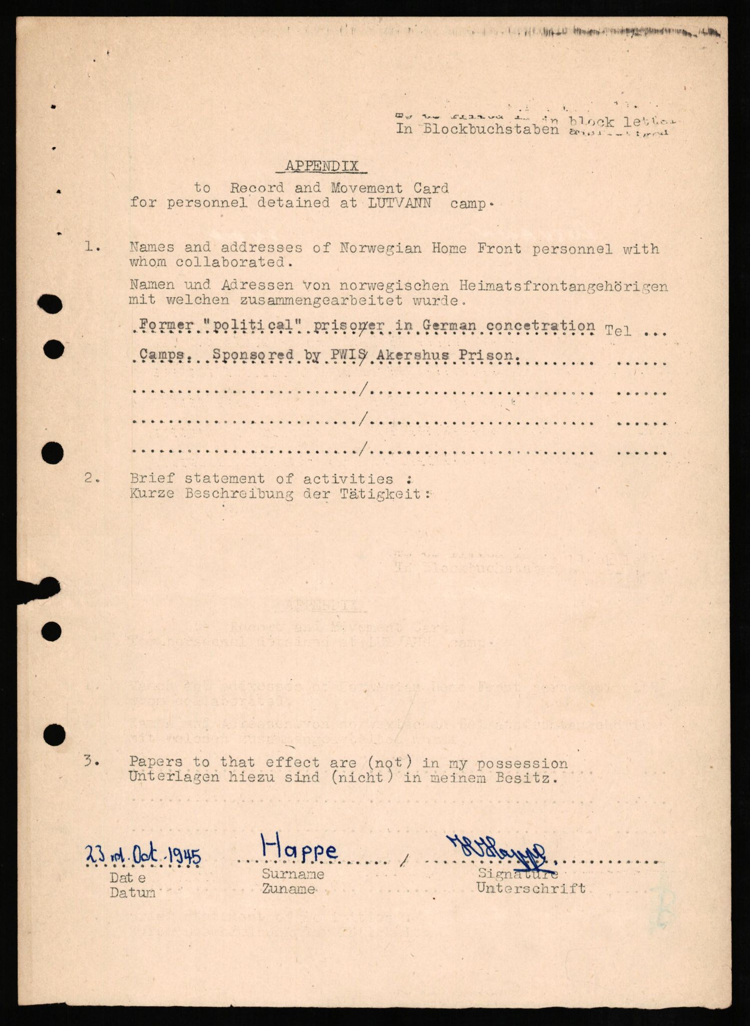 Forsvaret, Forsvarets overkommando II, AV/RA-RAFA-3915/D/Db/L0012: CI Questionaires. Tyske okkupasjonsstyrker i Norge. Tyskere., 1945-1946, p. 11