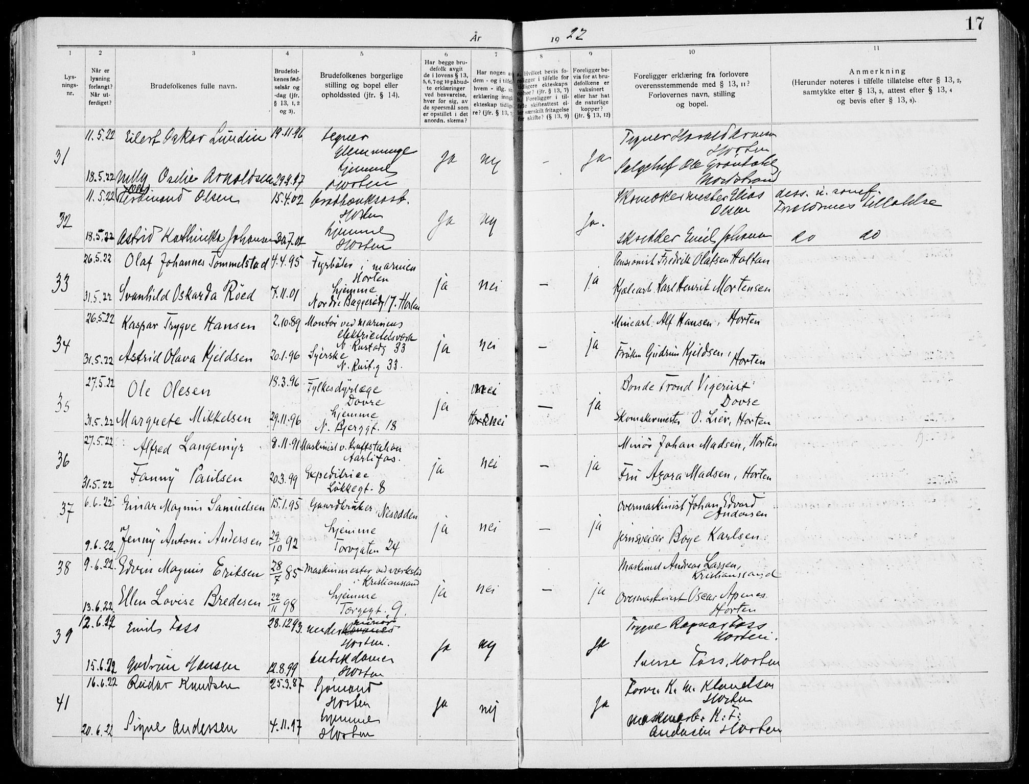 Horten kirkebøker, AV/SAKO-A-348/H/Ha/L0006: Banns register no. 6, 1920-1934, p. 17