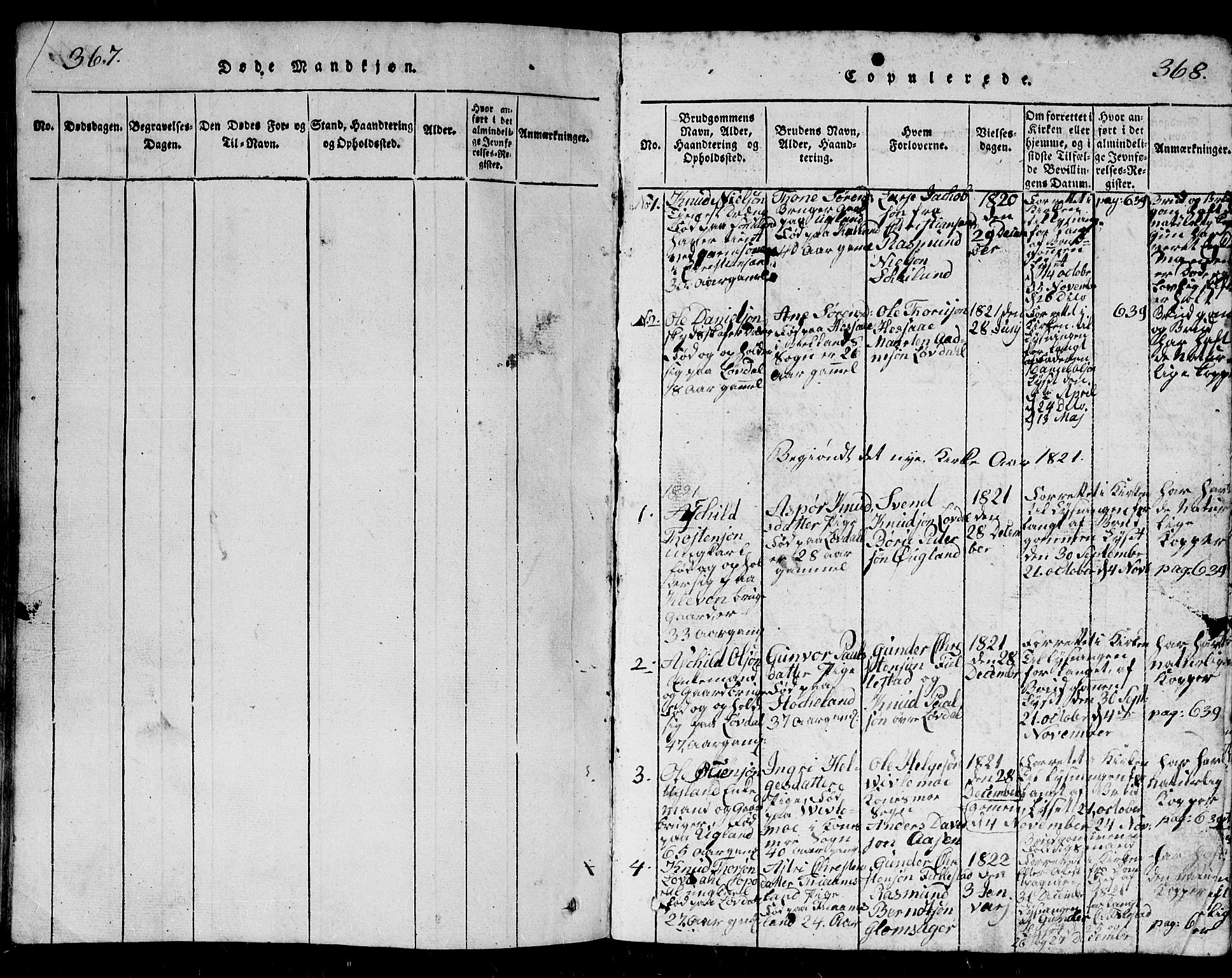 Holum sokneprestkontor, SAK/1111-0022/F/Fb/Fbb/L0001: Parish register (copy) no. B 1, 1820-1847, p. 367-368