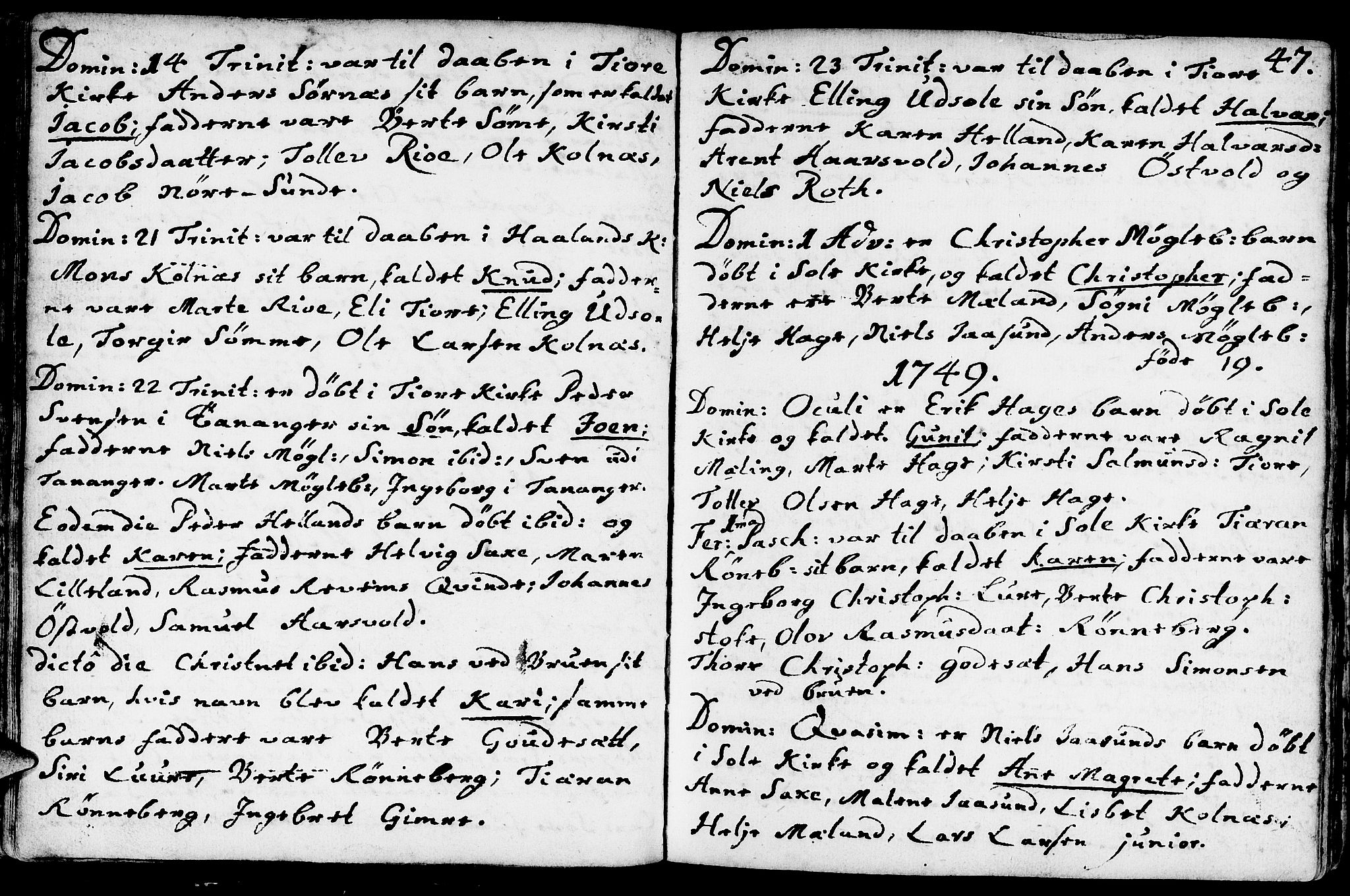 Håland sokneprestkontor, SAST/A-101802/001/30BA/L0002: Parish register (official) no. A 2, 1722-1794, p. 47