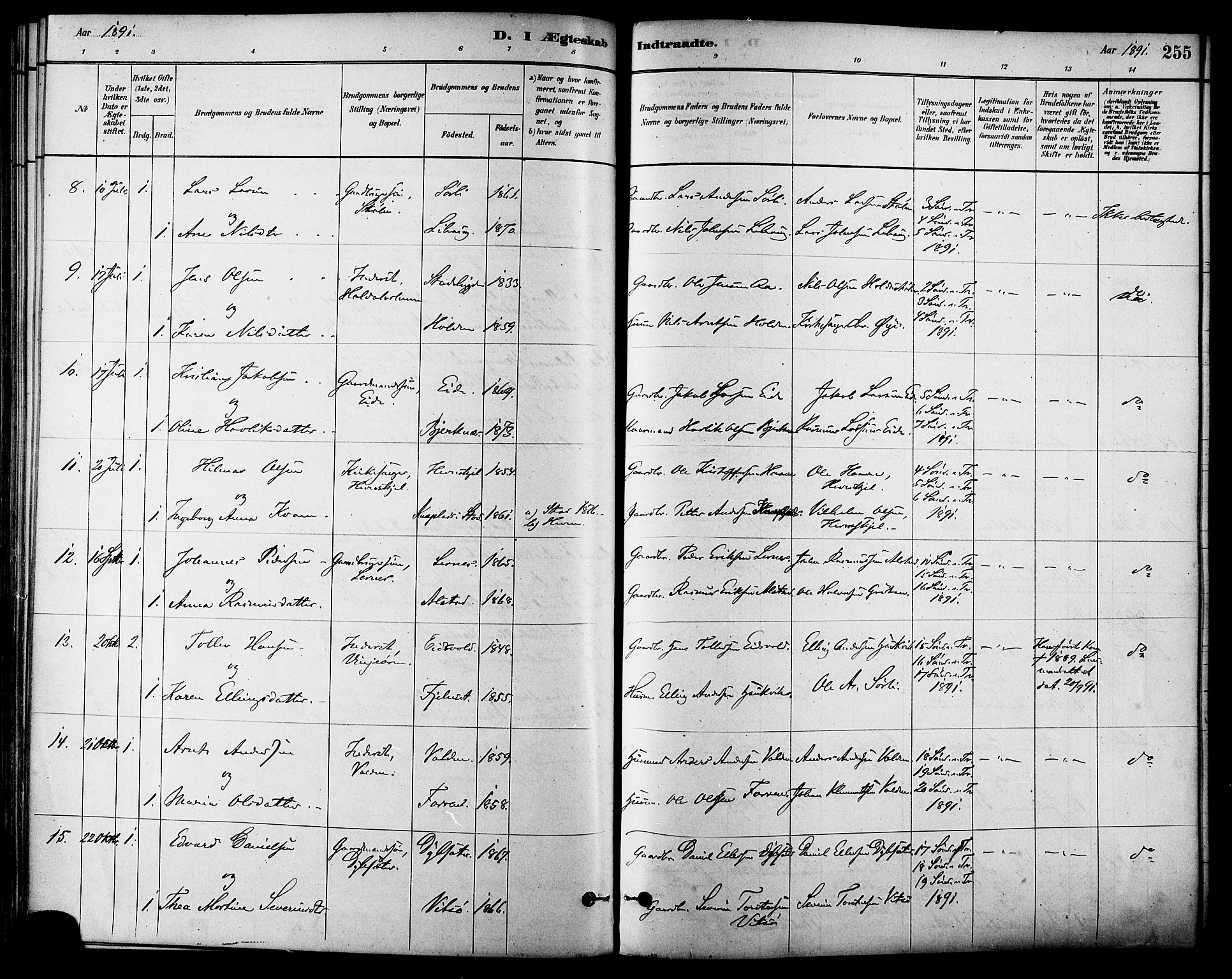 Ministerialprotokoller, klokkerbøker og fødselsregistre - Sør-Trøndelag, AV/SAT-A-1456/630/L0496: Parish register (official) no. 630A09, 1879-1895, p. 255