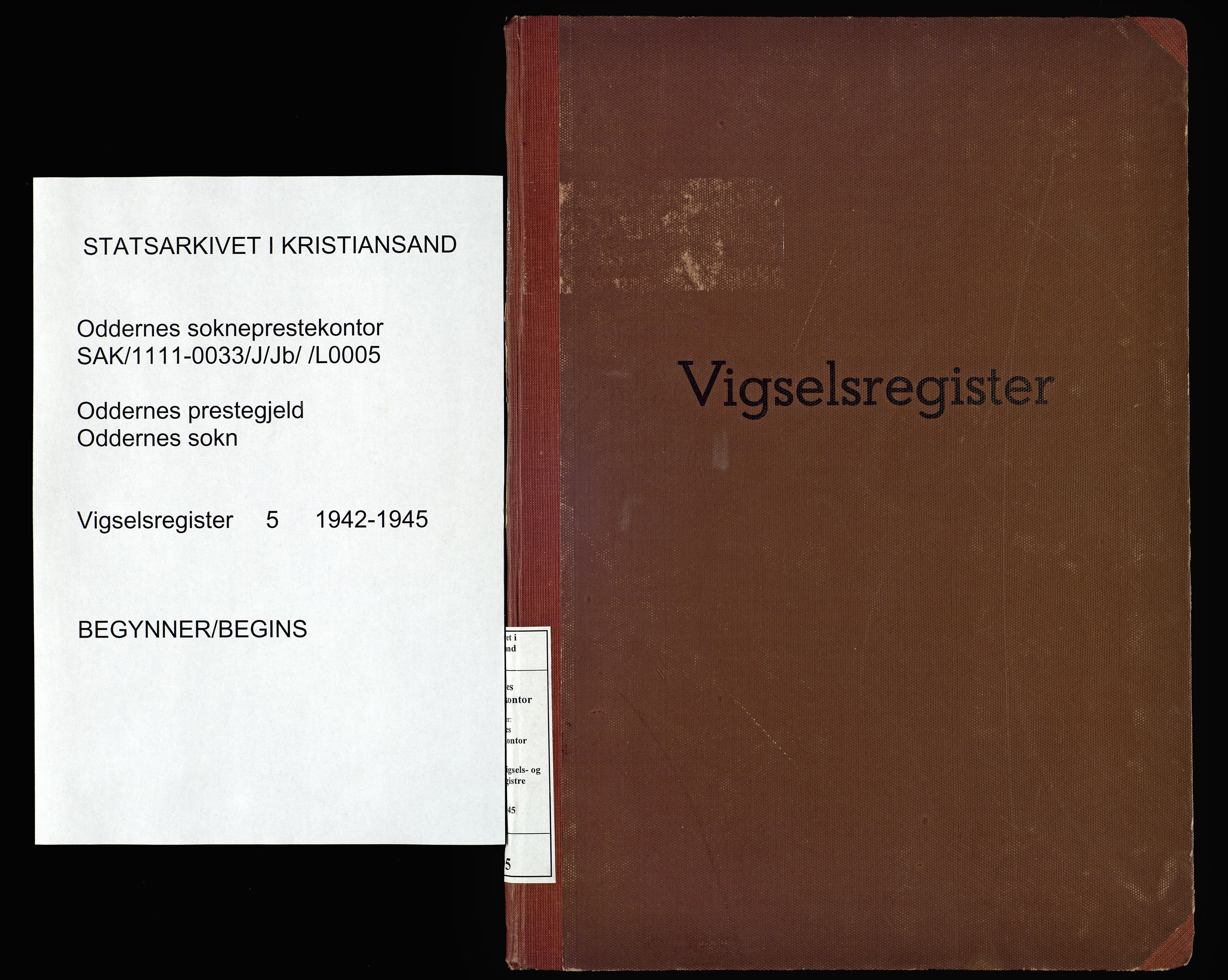 Oddernes sokneprestkontor, AV/SAK-1111-0033/J/Jb/L0005: Marriage register no. 5, 1942-1945