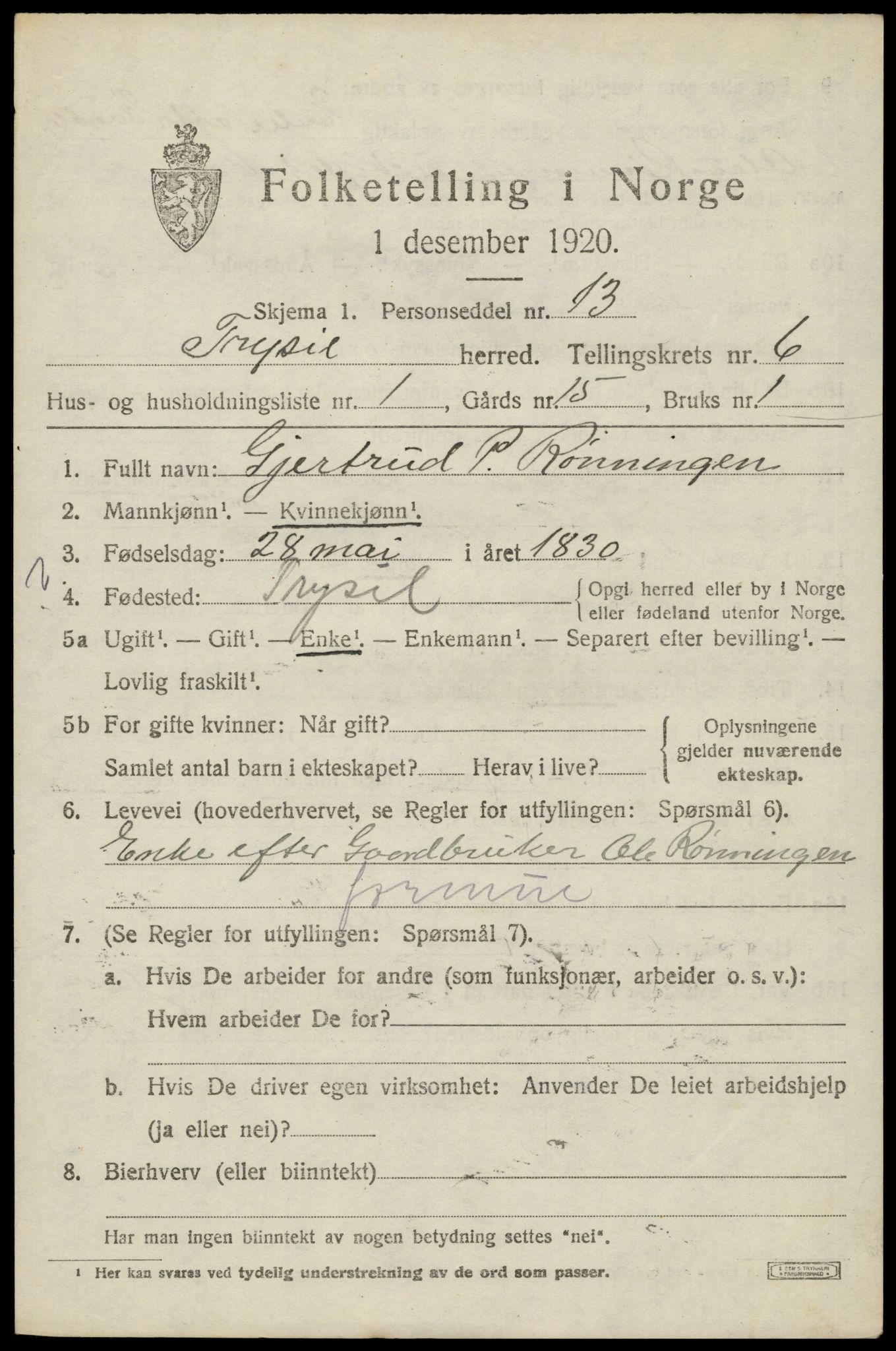 SAH, 1920 census for Trysil, 1920, p. 4553