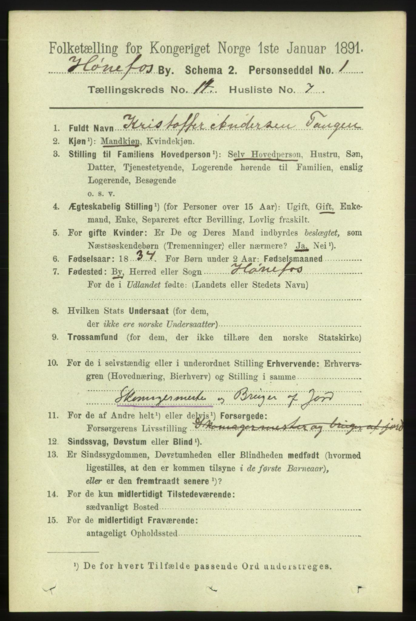 RA, 1891 census for 0601 Hønefoss, 1891, p. 1705