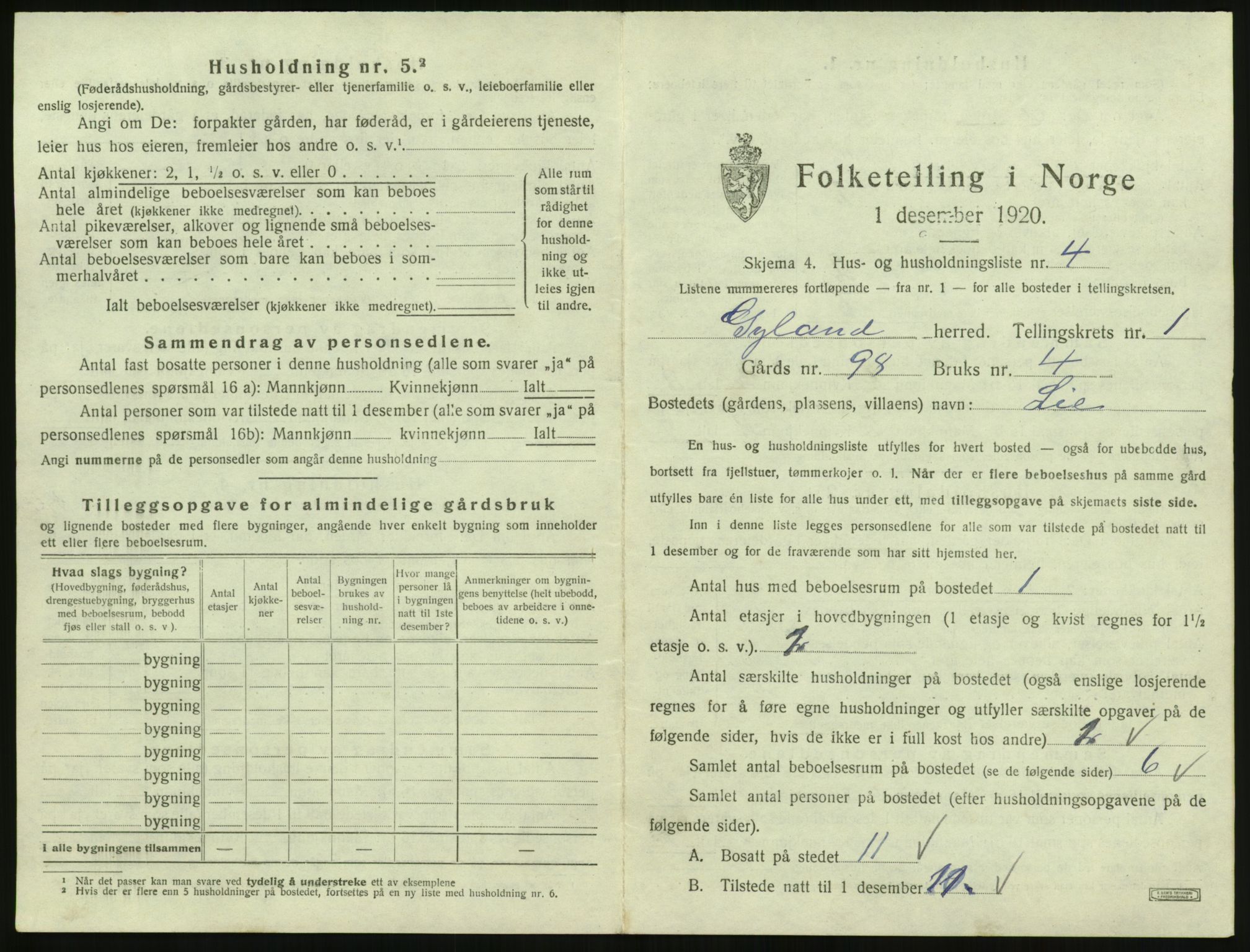 SAK, 1920 census for Gyland, 1920, p. 58