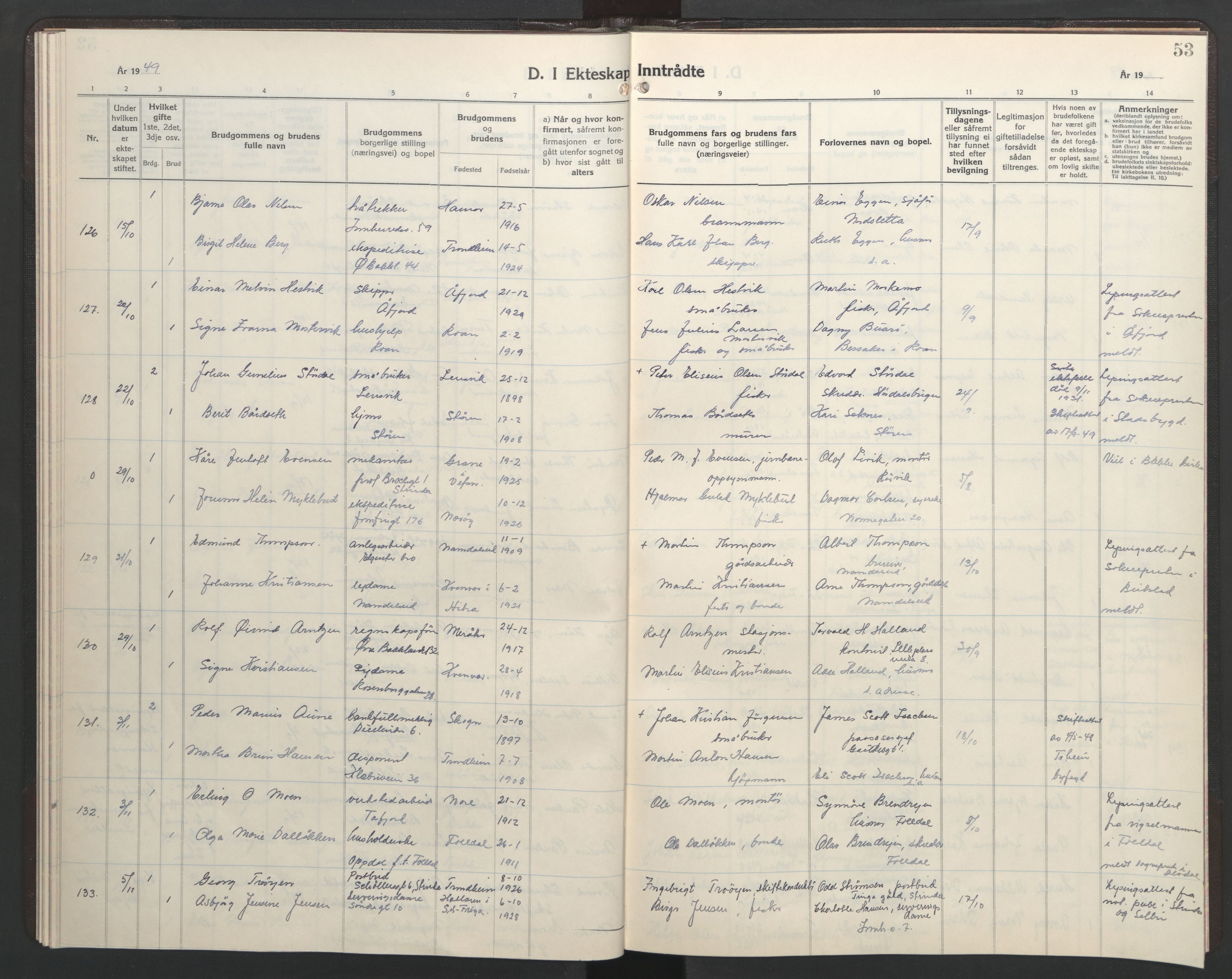 Ministerialprotokoller, klokkerbøker og fødselsregistre - Sør-Trøndelag, AV/SAT-A-1456/602/L0155: Parish register (copy) no. 602C23, 1947-1950, p. 53