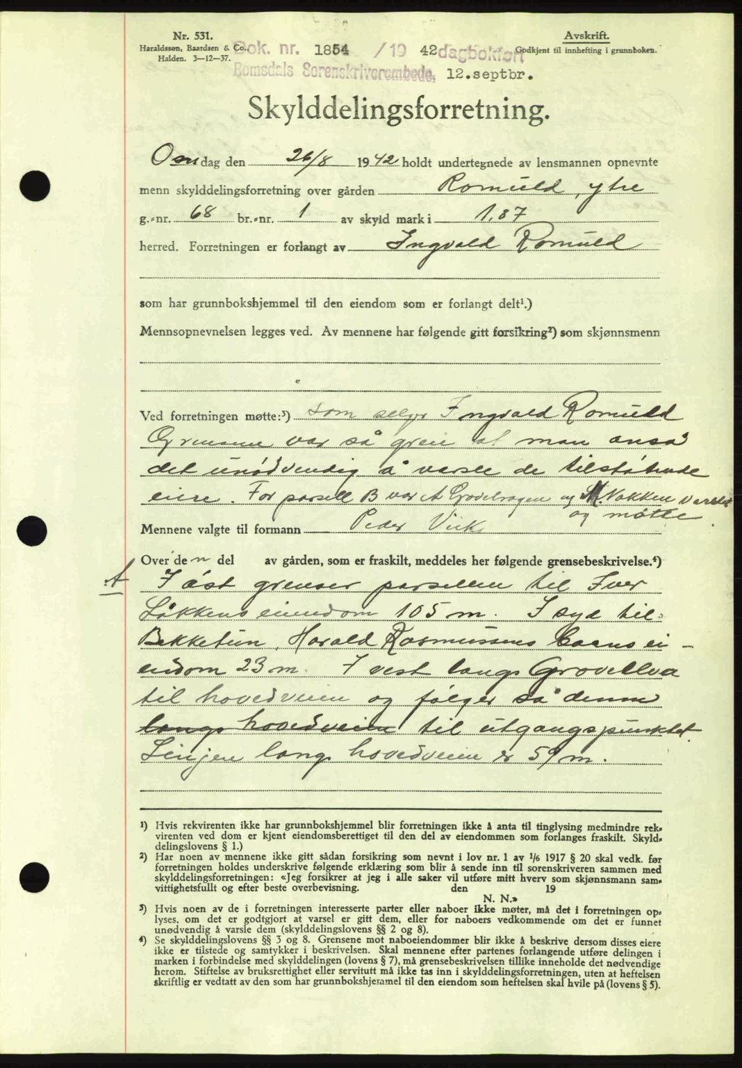 Romsdal sorenskriveri, AV/SAT-A-4149/1/2/2C: Mortgage book no. A12, 1942-1942, Diary no: : 1854/1942