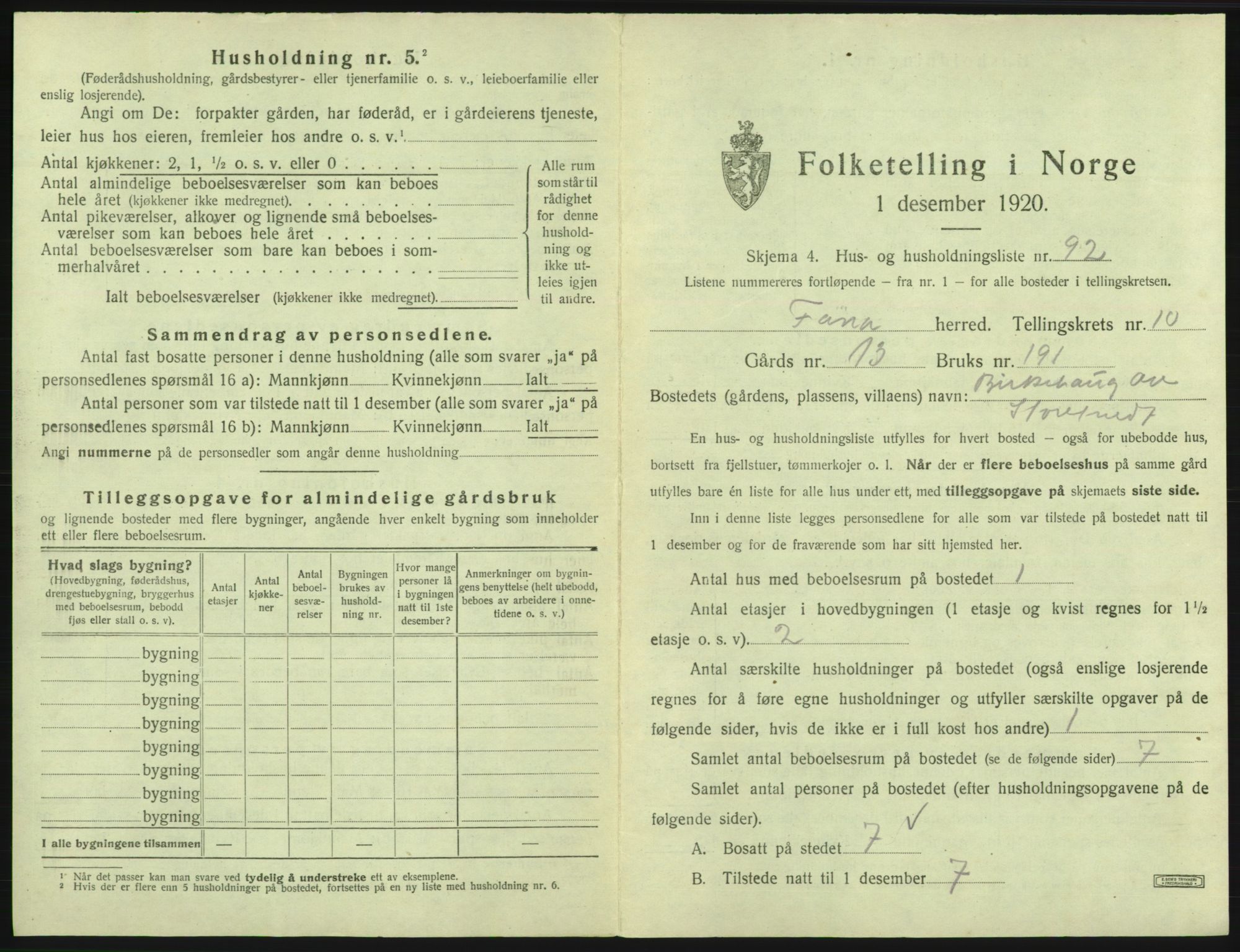 SAB, 1920 census for Fana, 1920, p. 1987