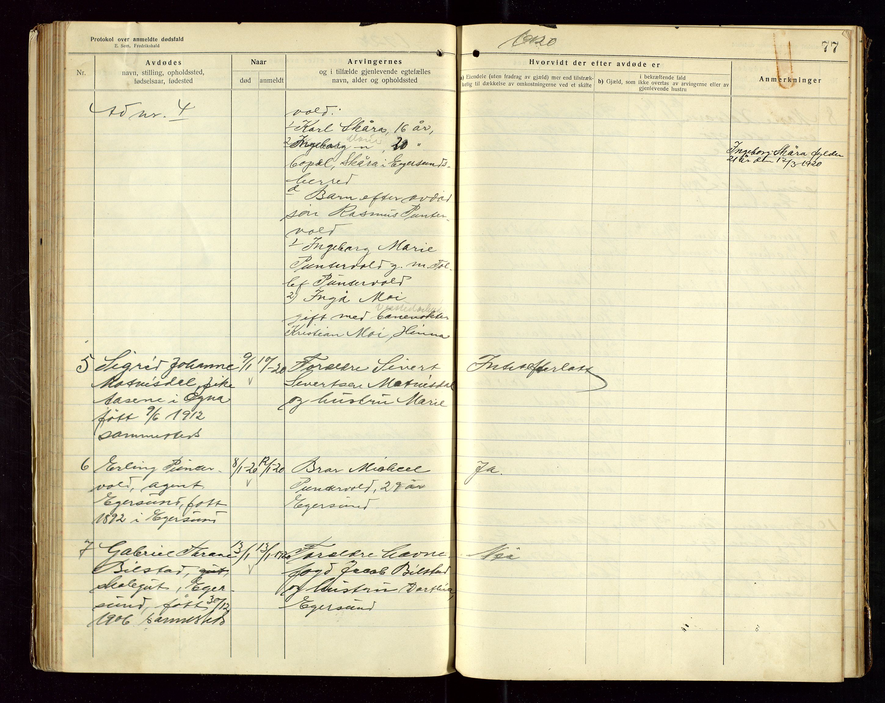 Eigersund lensmannskontor, AV/SAST-A-100171/Gga/L0007: "Protokol over anmeldte dødsfald" m/alfabetisk navneregister, 1917-1920, p. 77