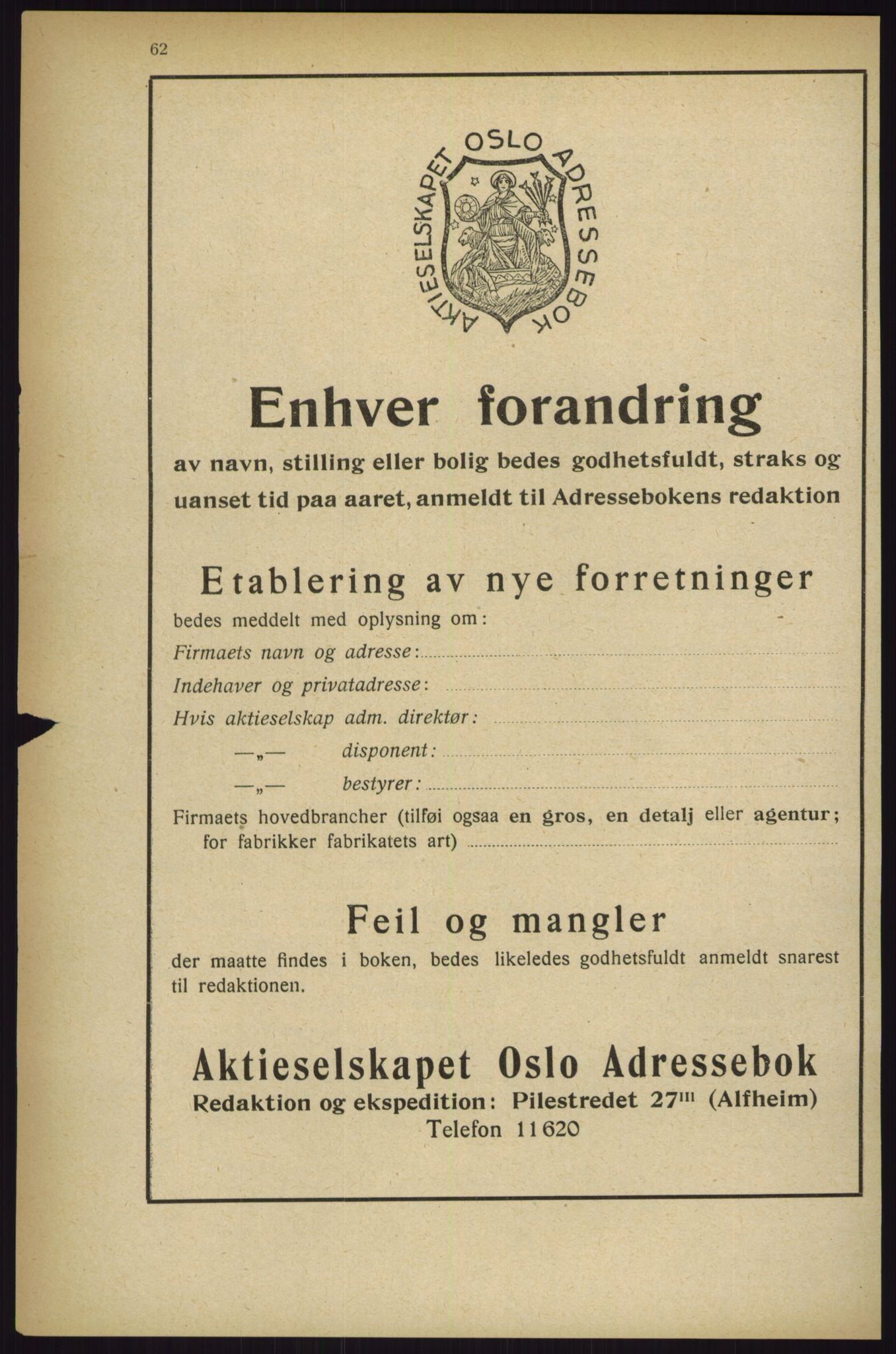Kristiania/Oslo adressebok, PUBL/-, 1927, p. 62