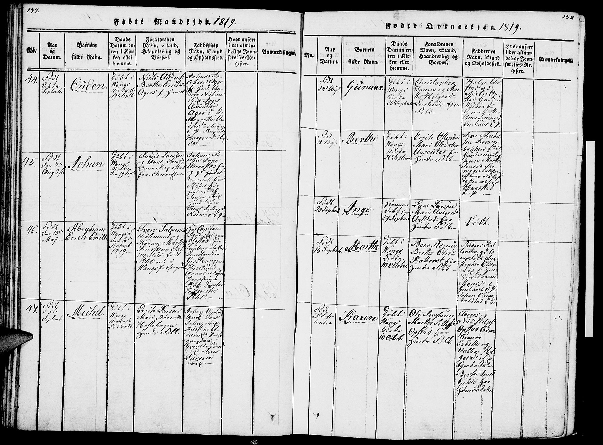 Vang prestekontor, Hedmark, AV/SAH-PREST-008/H/Ha/Haa/L0007: Parish register (official) no. 7, 1813-1826, p. 137-138