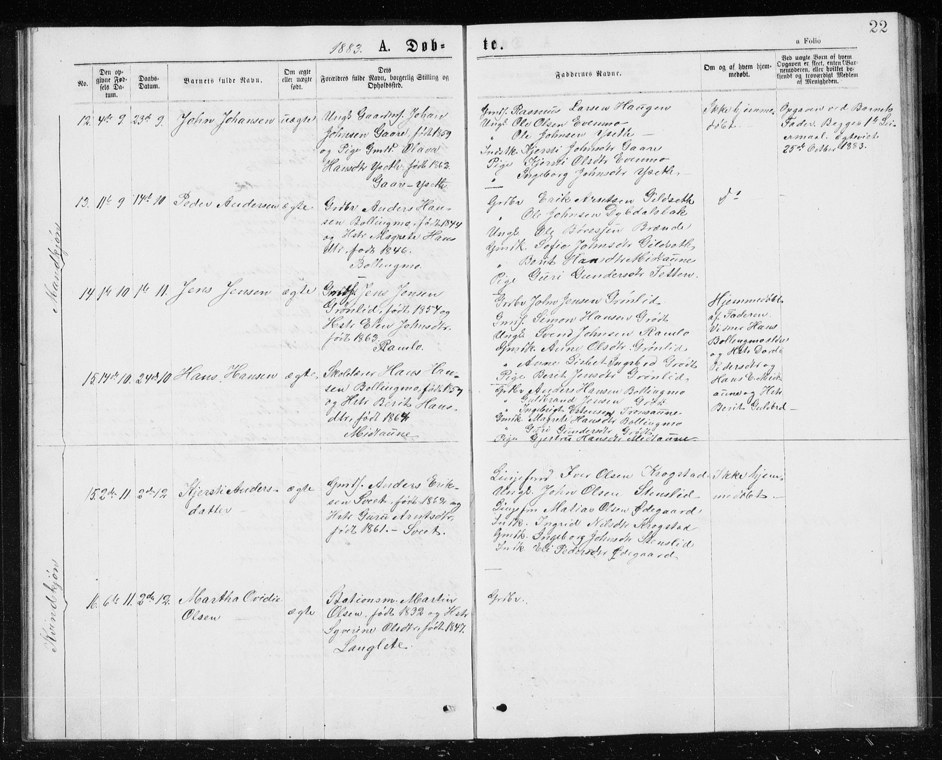 Ministerialprotokoller, klokkerbøker og fødselsregistre - Sør-Trøndelag, AV/SAT-A-1456/685/L0977: Parish register (copy) no. 685C02, 1879-1890, p. 22