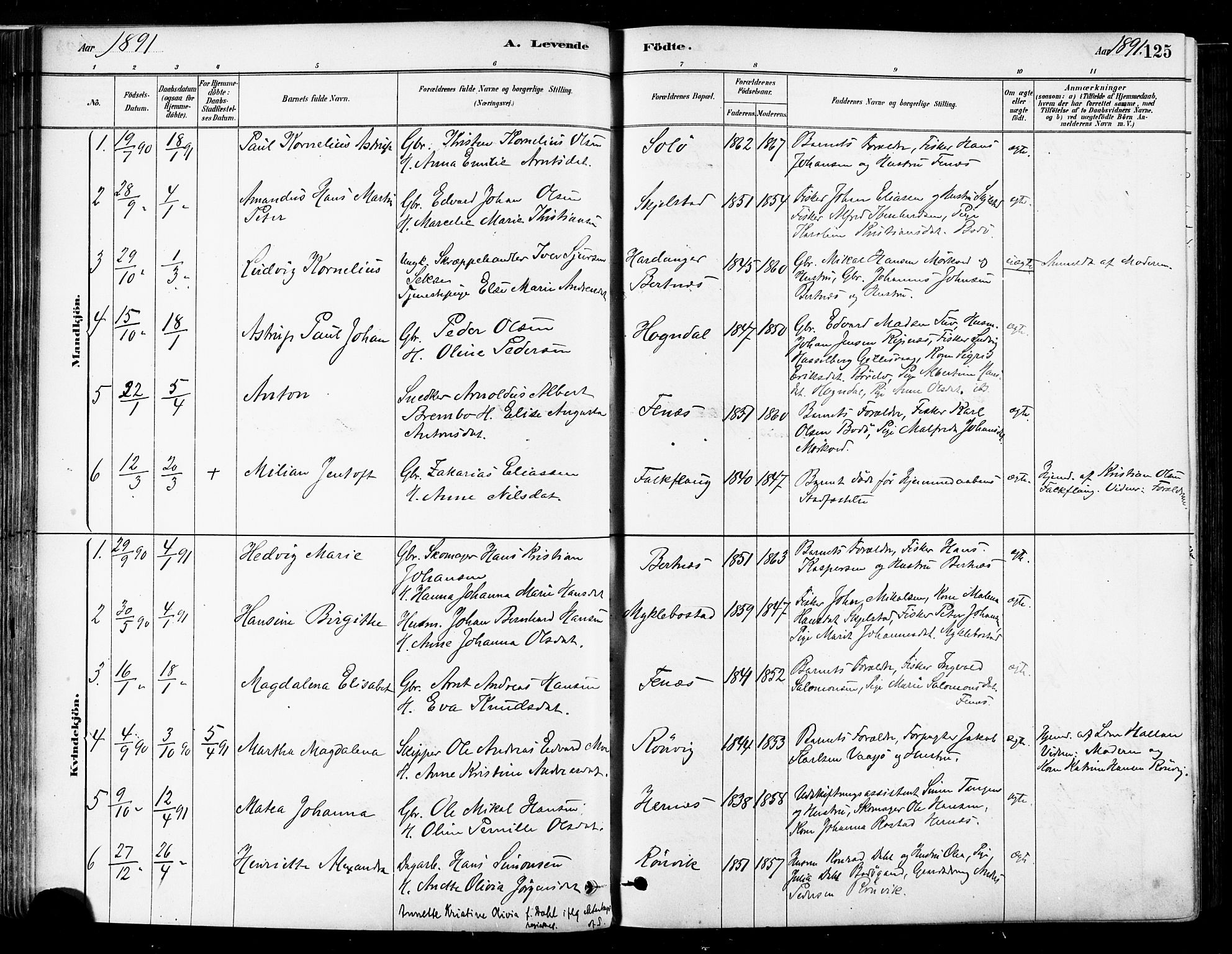 Ministerialprotokoller, klokkerbøker og fødselsregistre - Nordland, SAT/A-1459/802/L0054: Parish register (official) no. 802A01, 1879-1893, p. 125