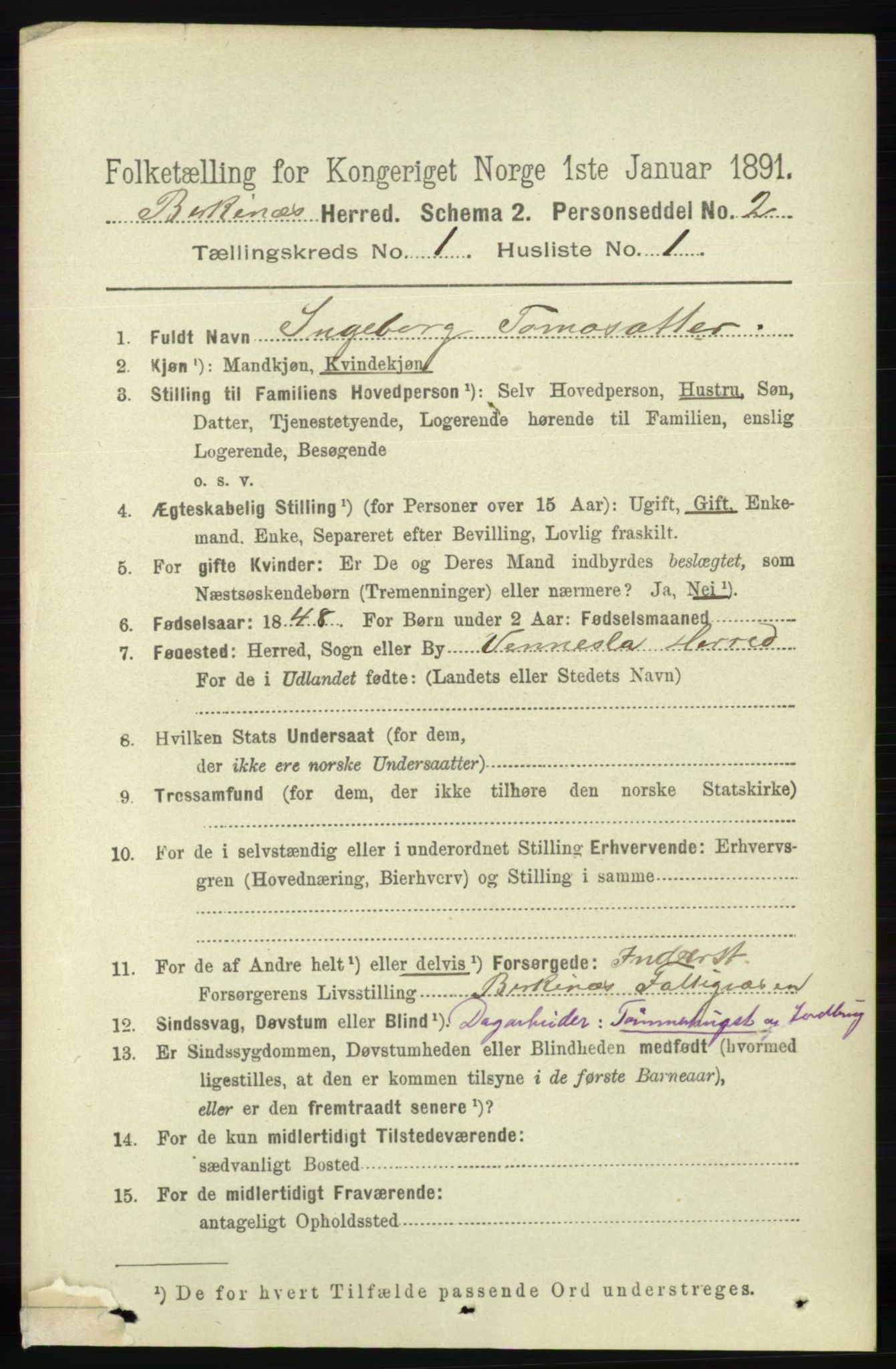 RA, 1891 Census for 0928 Birkenes, 1891, p. 94