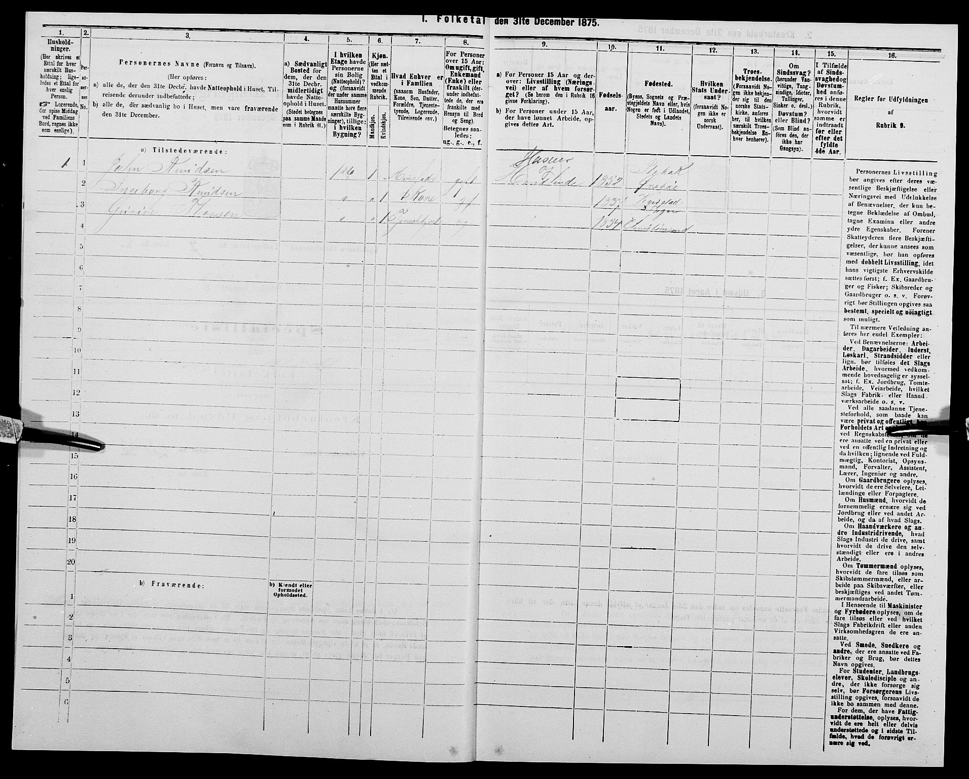 SAK, 1875 census for 1001P Kristiansand, 1875, p. 991