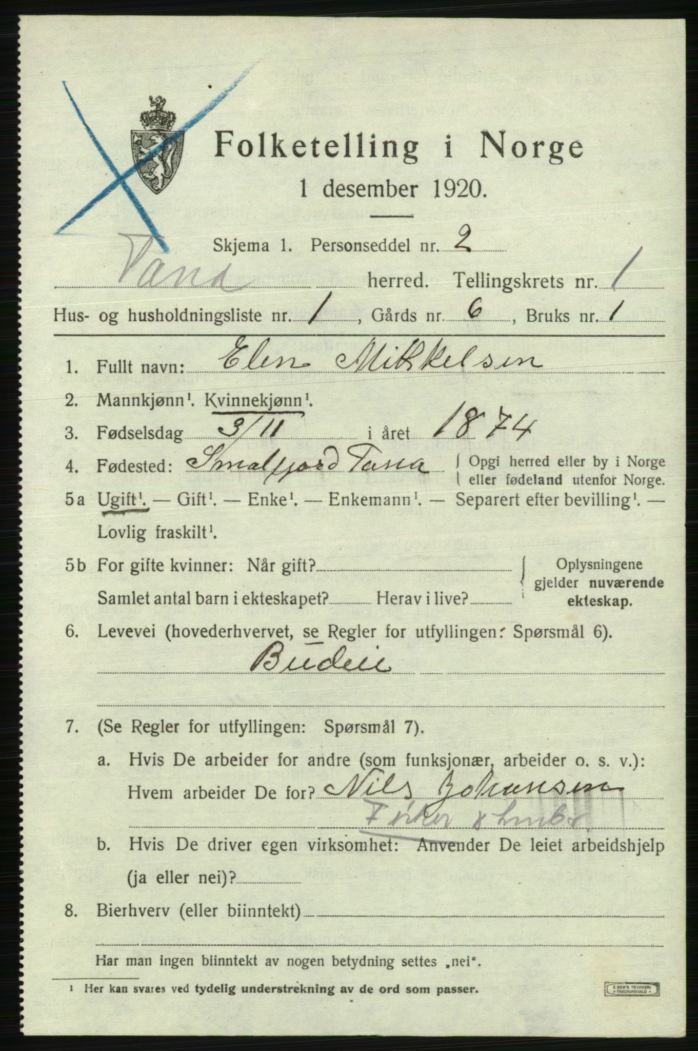 SATØ, 1920 census for Tana, 1920, p. 588