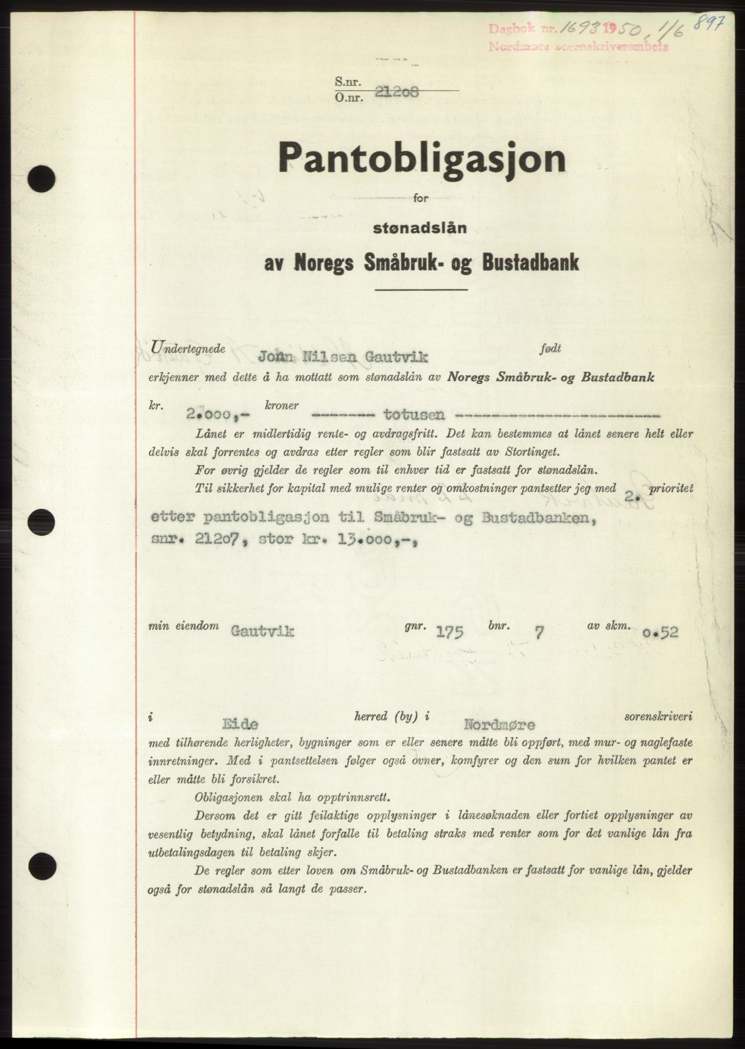 Nordmøre sorenskriveri, AV/SAT-A-4132/1/2/2Ca: Mortgage book no. B104, 1950-1950, Diary no: : 1693/1950