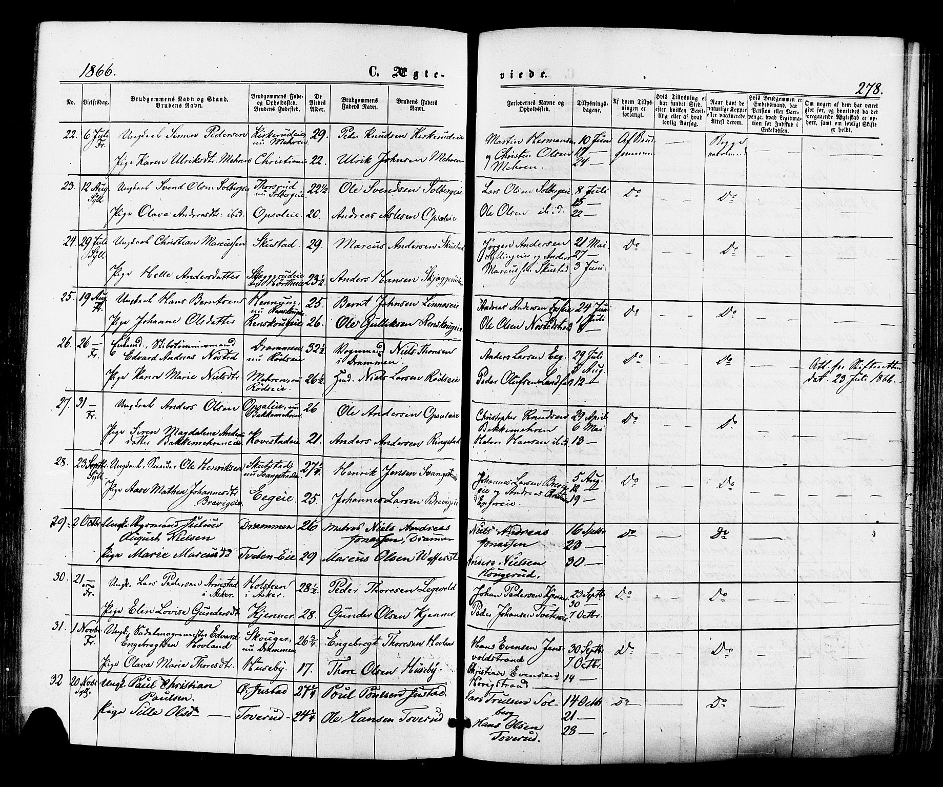 Lier kirkebøker, SAKO/A-230/F/Fa/L0013: Parish register (official) no. I 13, 1865-1874, p. 278