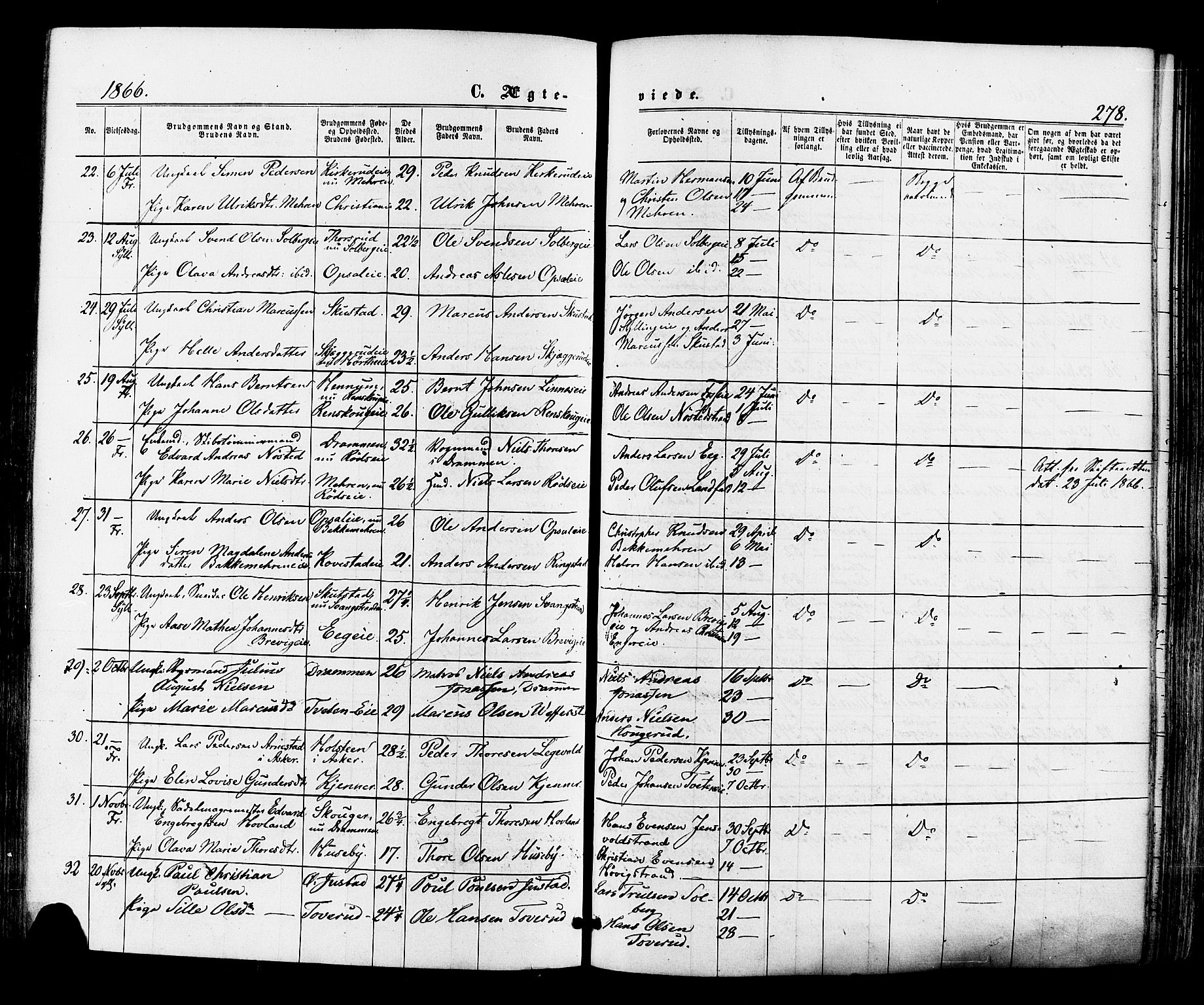 Lier kirkebøker, AV/SAKO-A-230/F/Fa/L0013: Parish register (official) no. I 13, 1865-1874, p. 278