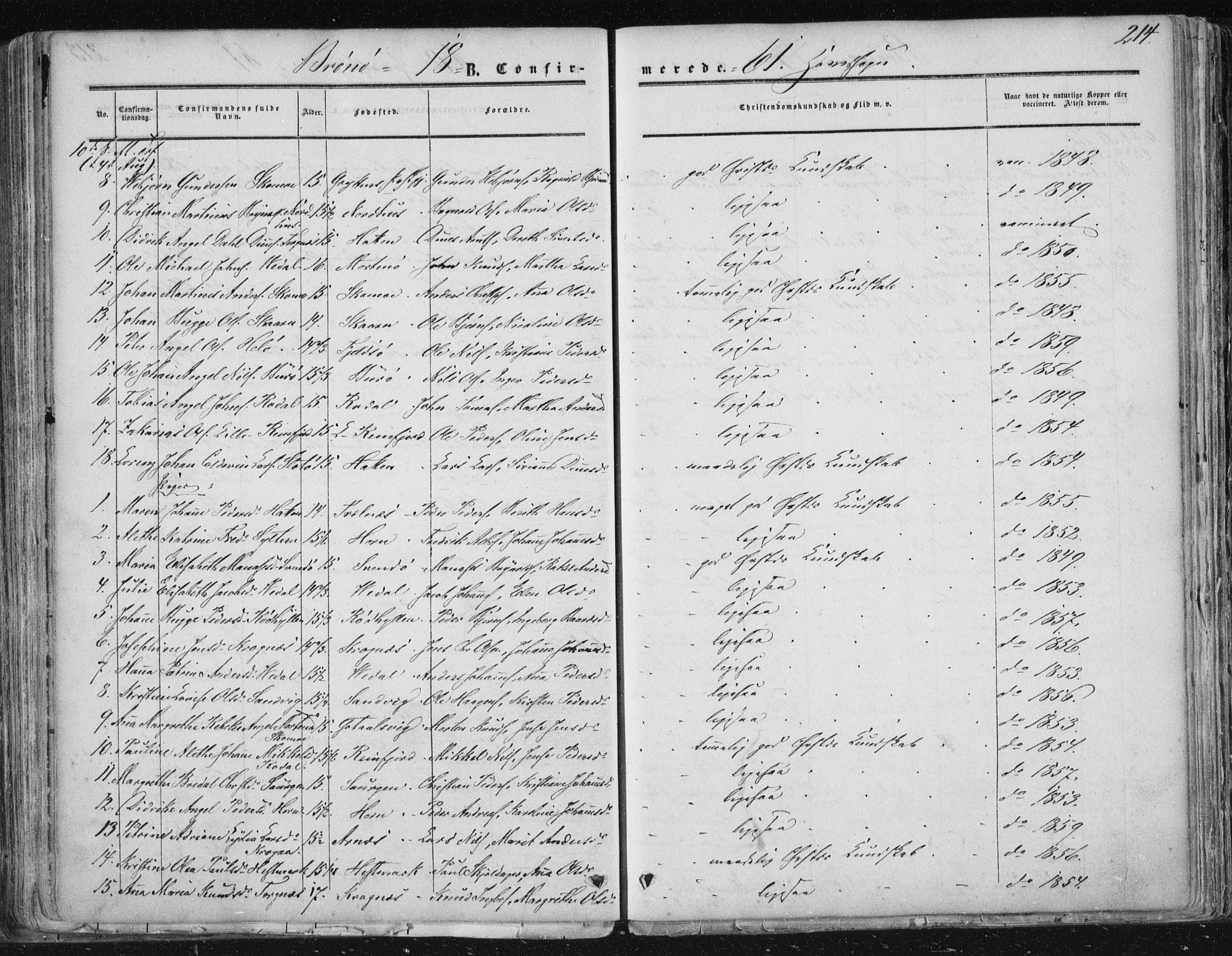 Ministerialprotokoller, klokkerbøker og fødselsregistre - Nordland, SAT/A-1459/813/L0198: Parish register (official) no. 813A08, 1834-1874, p. 214