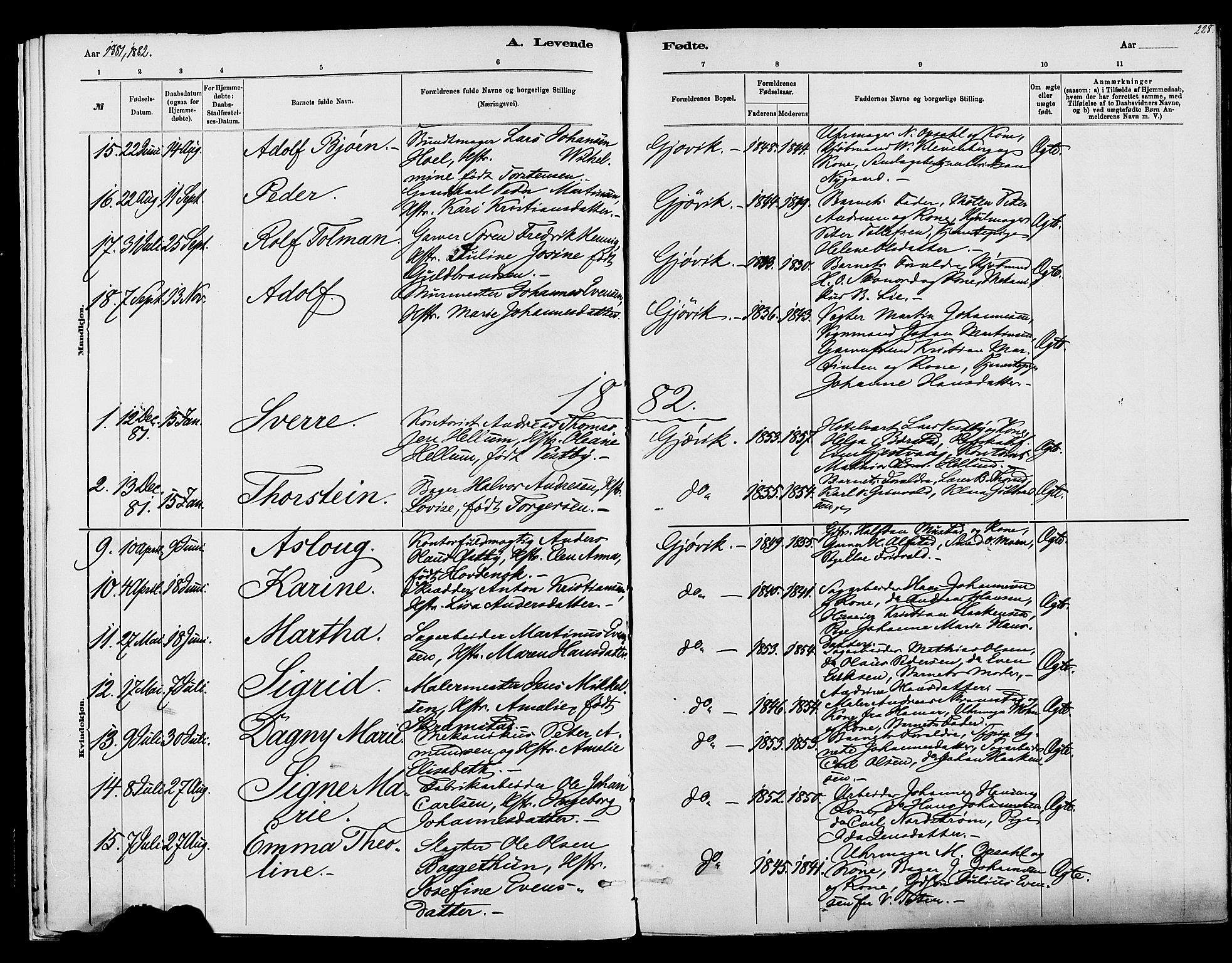 Vardal prestekontor, SAH/PREST-100/H/Ha/Haa/L0008: Parish register (official) no. 8, 1878-1890, p. 228