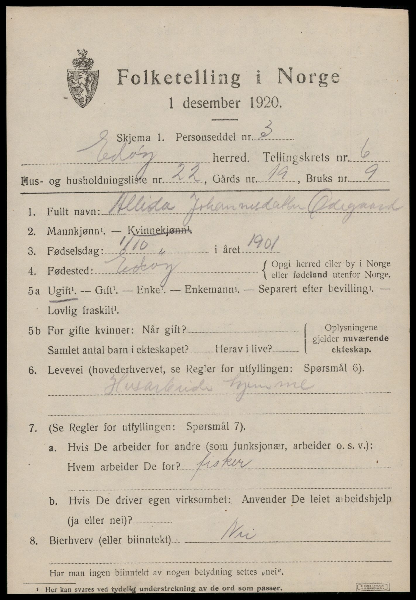 SAT, 1920 census for Edøy, 1920, p. 2030