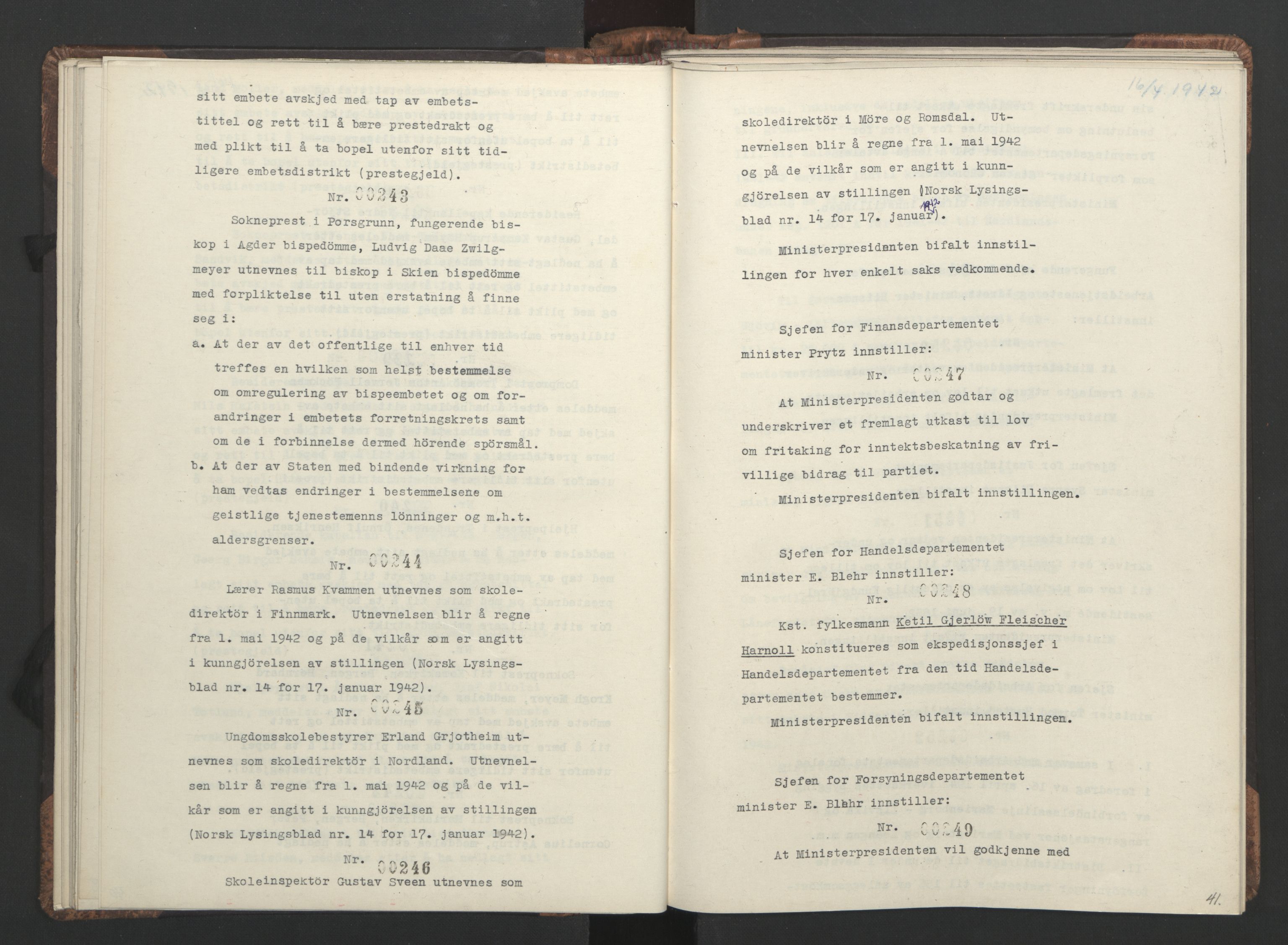 NS-administrasjonen 1940-1945 (Statsrådsekretariatet, de kommisariske statsråder mm), AV/RA-S-4279/D/Da/L0001: Beslutninger og tillegg (1-952 og 1-32), 1942, p. 44