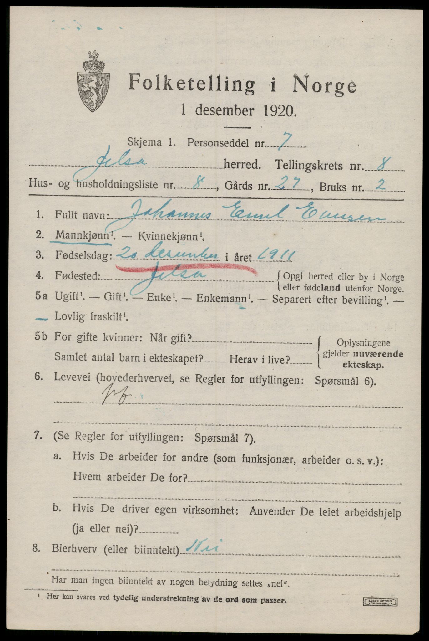 SAST, 1920 census for Jelsa, 1920, p. 2288