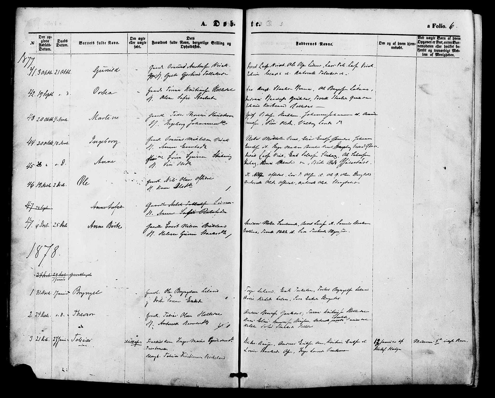Bakke sokneprestkontor, SAK/1111-0002/F/Fa/Faa/L0007: Parish register (official) no. A 7, 1877-1886, p. 6