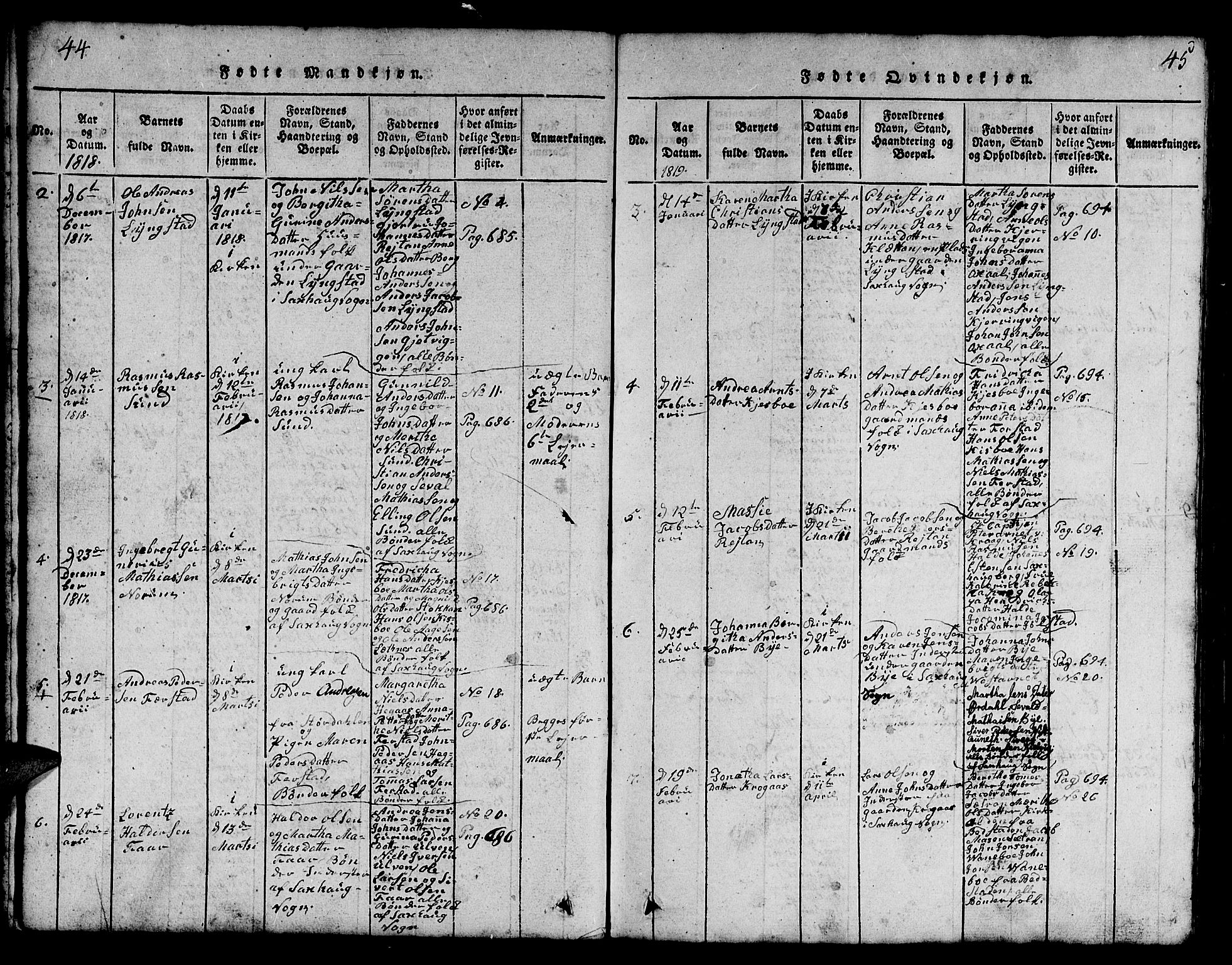 Ministerialprotokoller, klokkerbøker og fødselsregistre - Nord-Trøndelag, AV/SAT-A-1458/730/L0298: Parish register (copy) no. 730C01, 1816-1849, p. 44-45