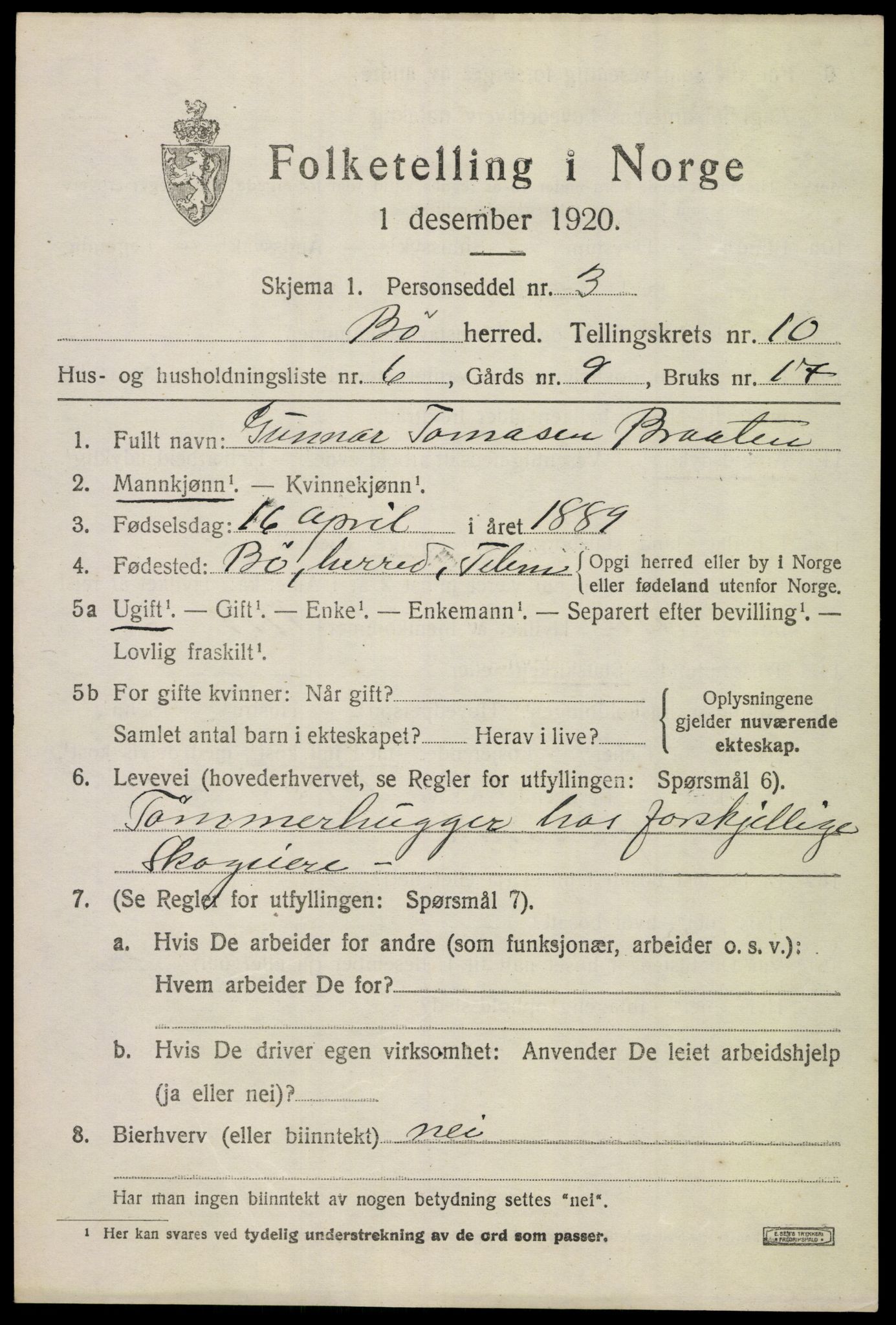 SAKO, 1920 census for Bø (Telemark), 1920, p. 6624