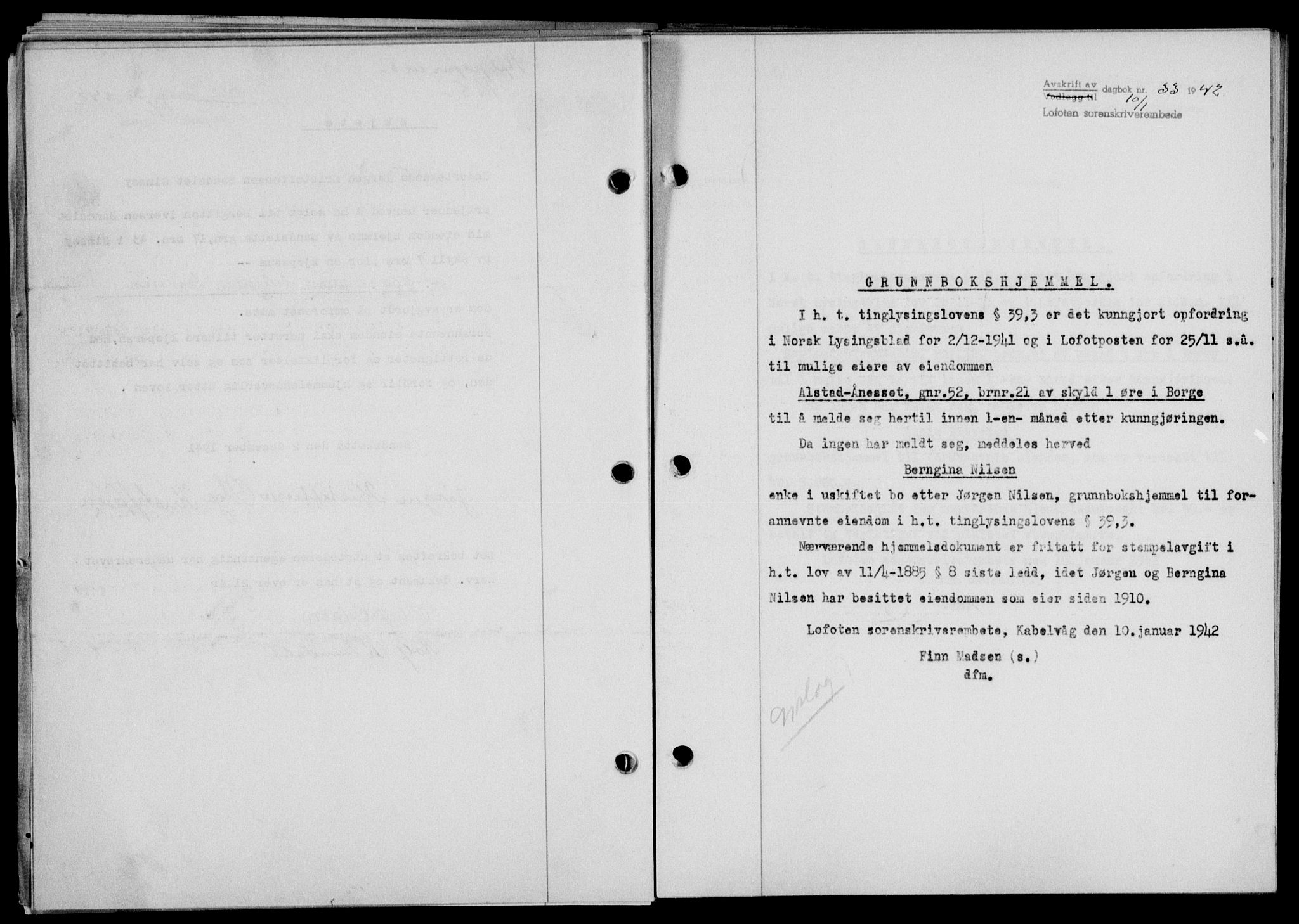 Lofoten sorenskriveri, SAT/A-0017/1/2/2C/L0009a: Mortgage book no. 9a, 1941-1942, Diary no: : 33/1942