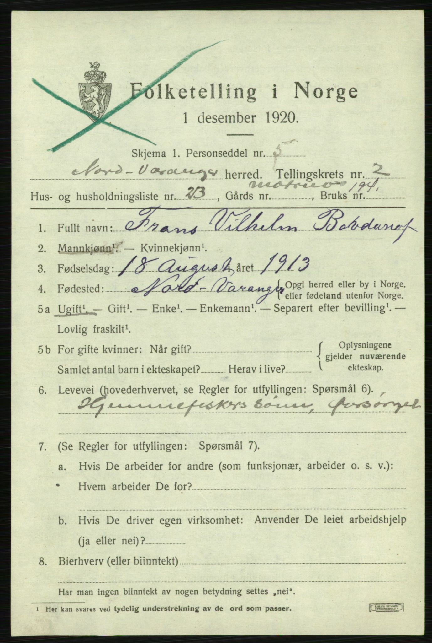 SATØ, 1920 census for Nord-Varanger, 1920, p. 1216